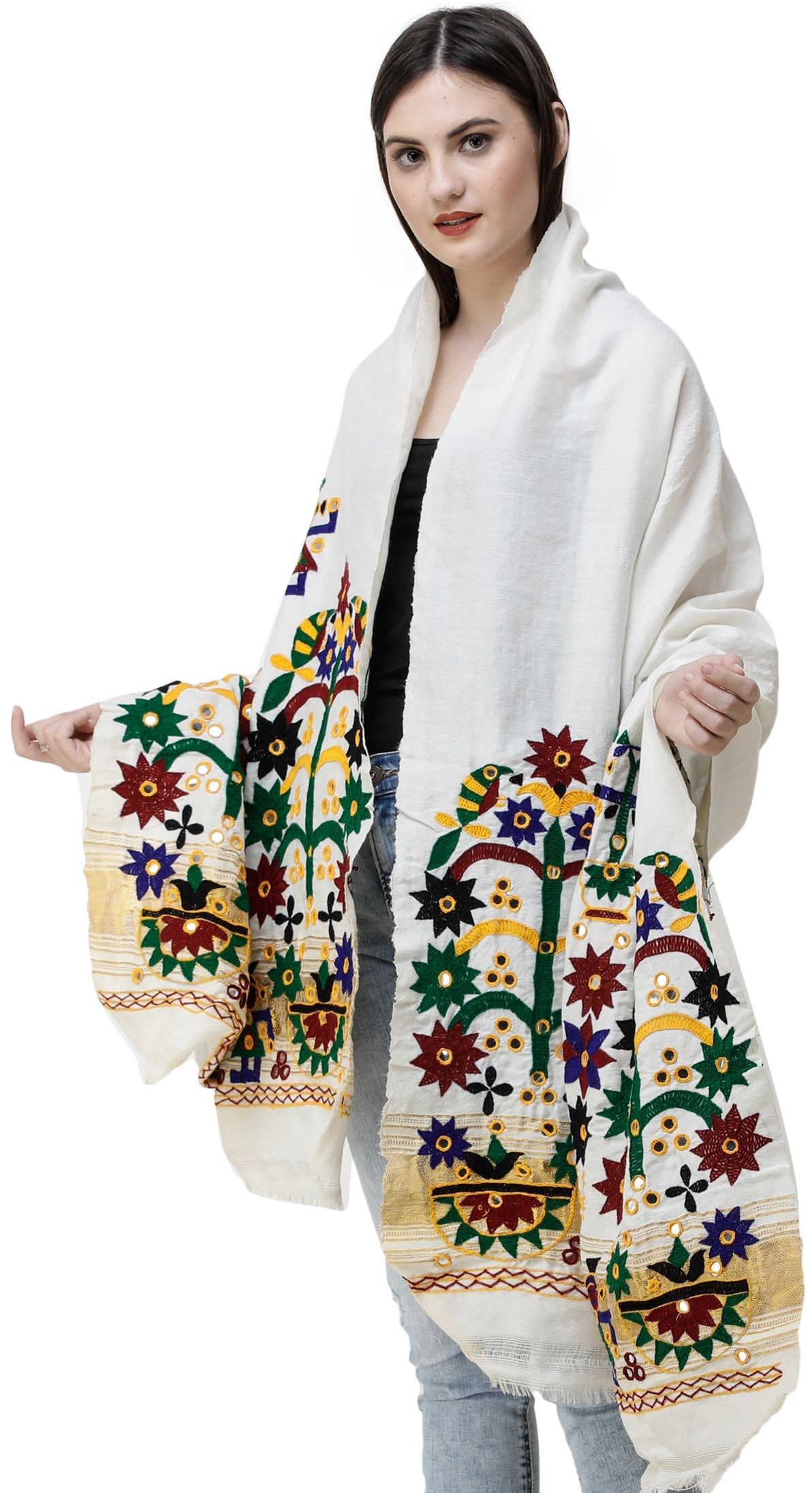 Shawl from Kutch with Hand-Embroidery and Mirrors - 2