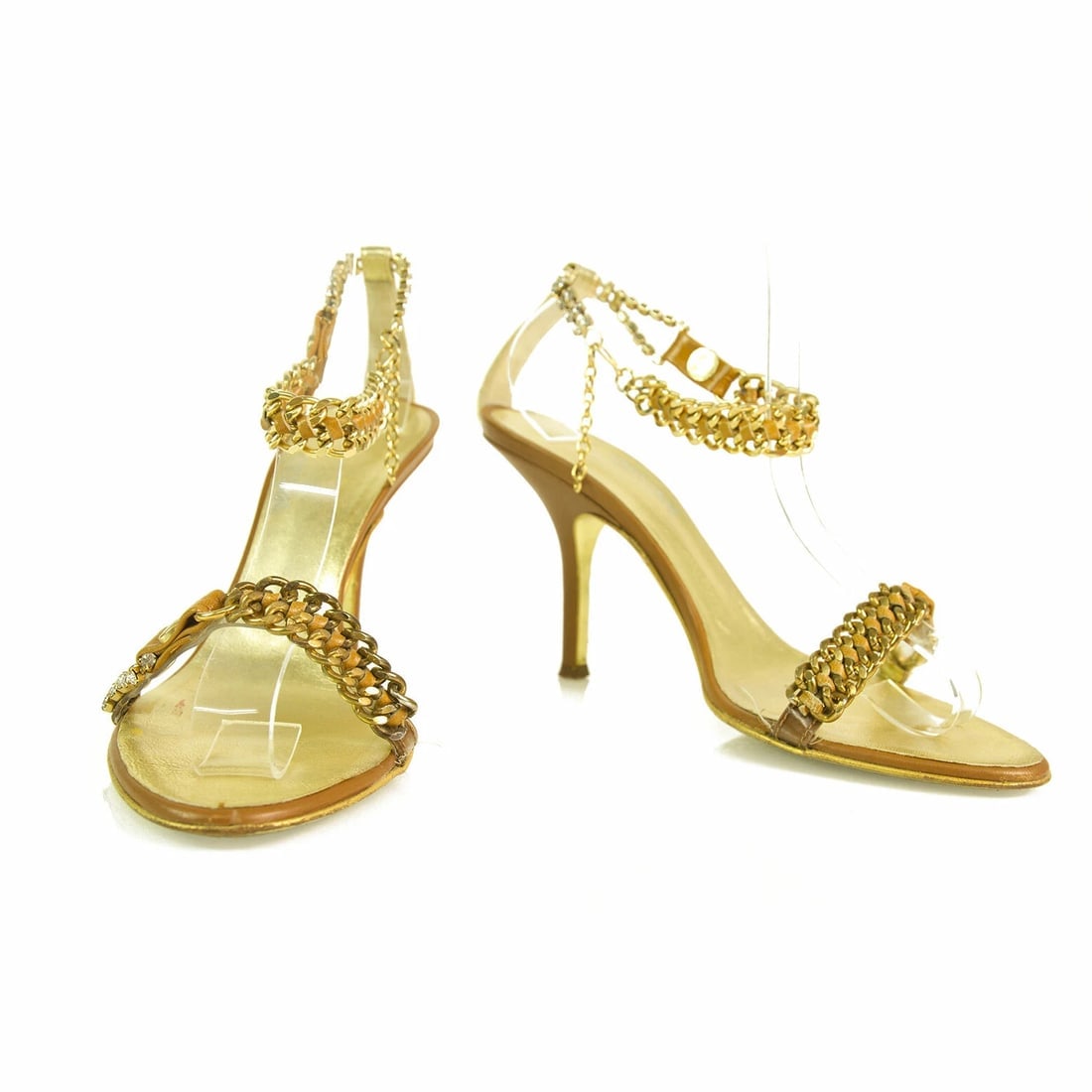 Roberto Cavalli gold & tan leather chain sandals slides ankle strap sz 37: Title:Roberto Cavalli gold & tan leather chain sandals slides ankle strap sz 37 Description:Roberto Cavalli gold & tan leather chain sandals slides ankle strap sz 37 Cavalli presents these chic and