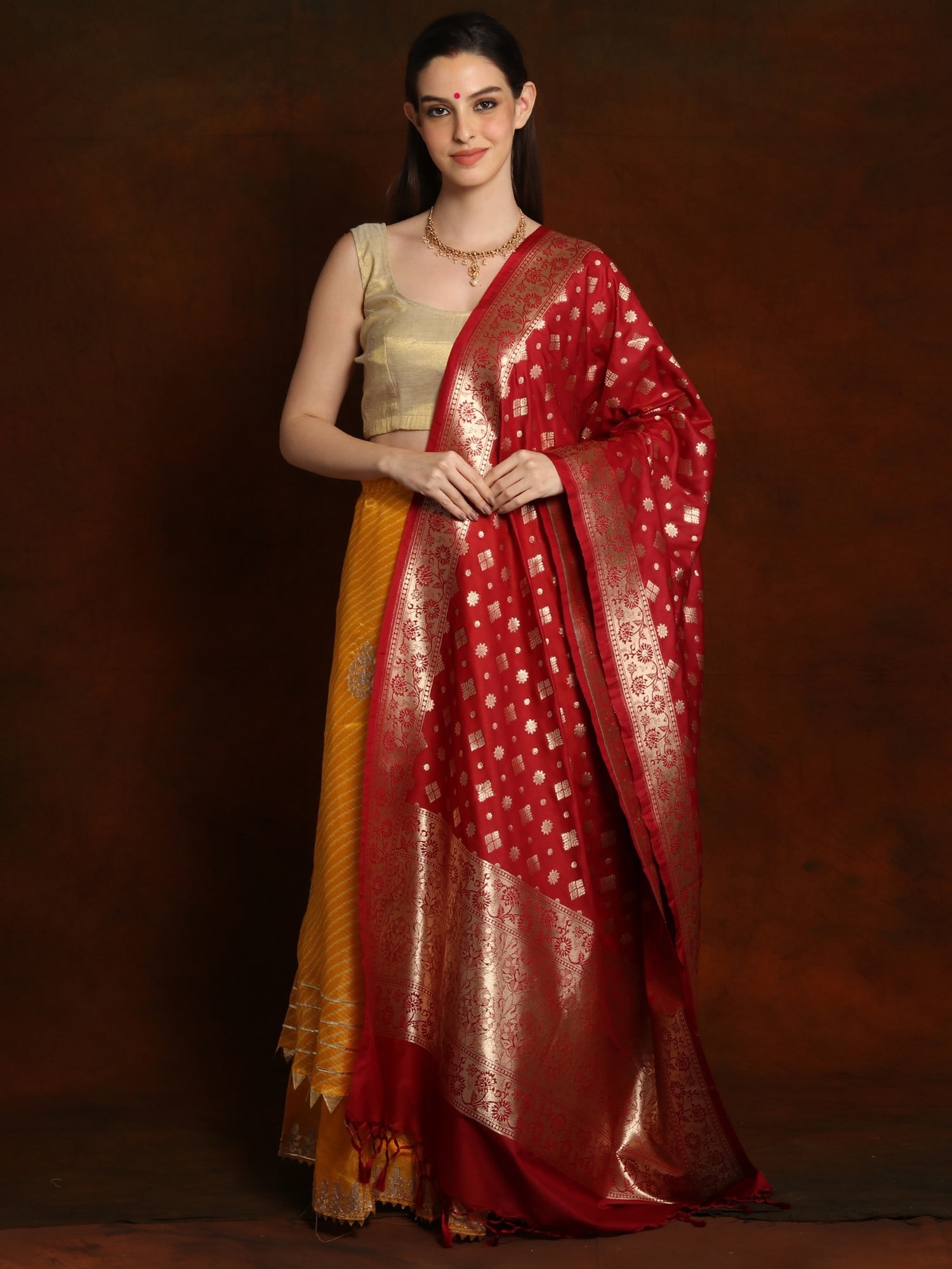 Banarasi Dupatta with Woven Foulard Bootis and Zari Weave on Border: Title:Banarasi Dupatta with Woven Foulard Bootis and Zari Weave on Border Description:A festive beauty can be added to your ethnic look with a lovely Banarasi dupatta, a beautiful gem from the