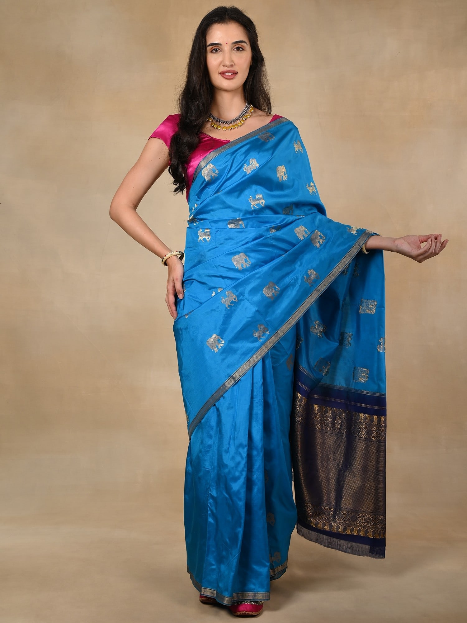 Royal Blue Pure Silk Banarasi Saree with Zari Border Traditional Motifs - 2