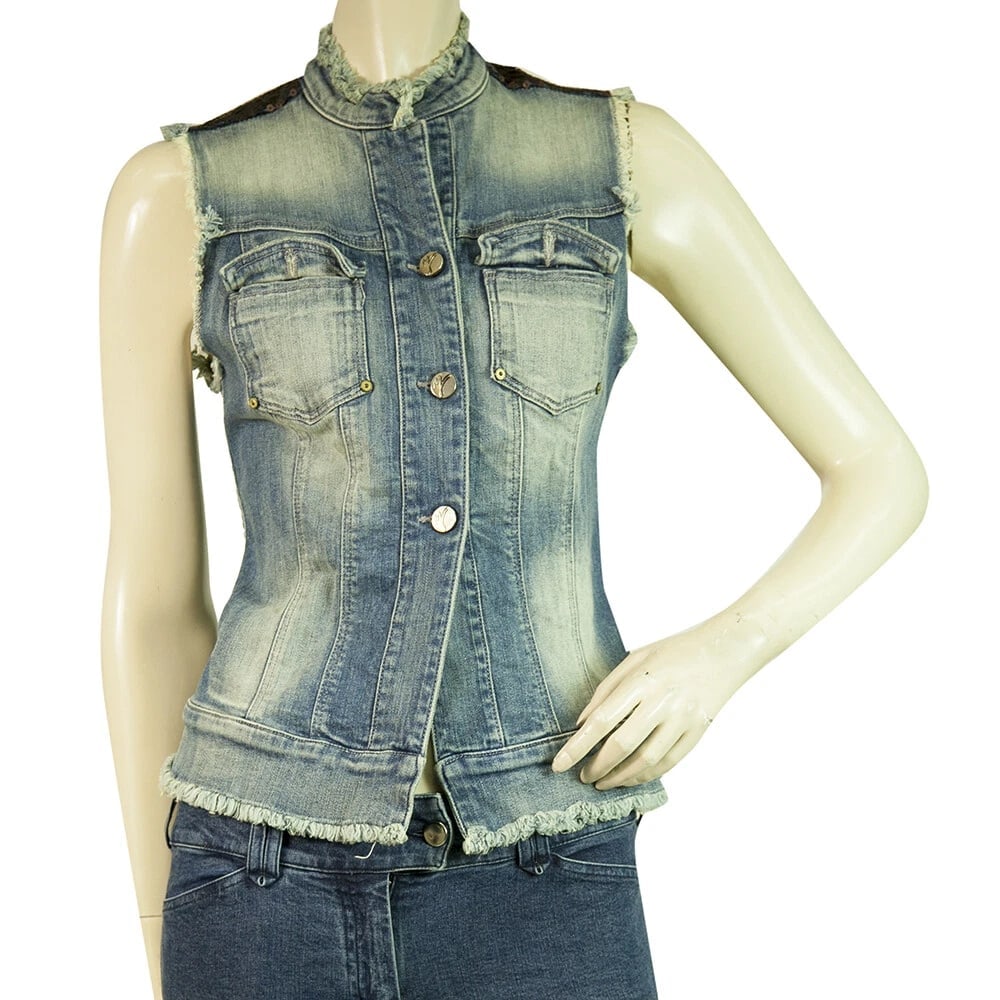 Manila Grace Blue Denim Jeans Sequined shoulders Vest Jacket Gillet sz 40 (1 of 7)