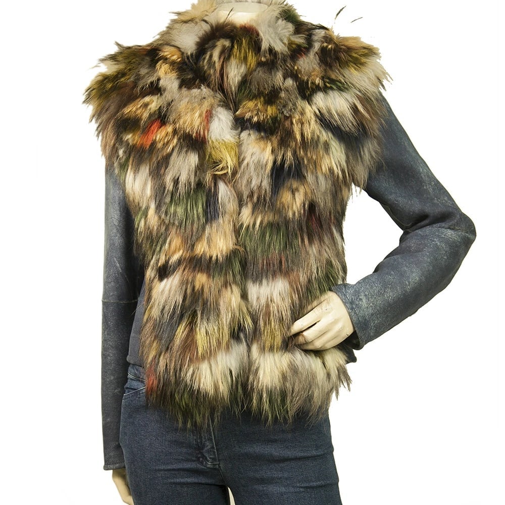 Artico Blue Shearling Multicolor Fur Long Sleeve Short Jacket Coat size 42 (1 of 7)
