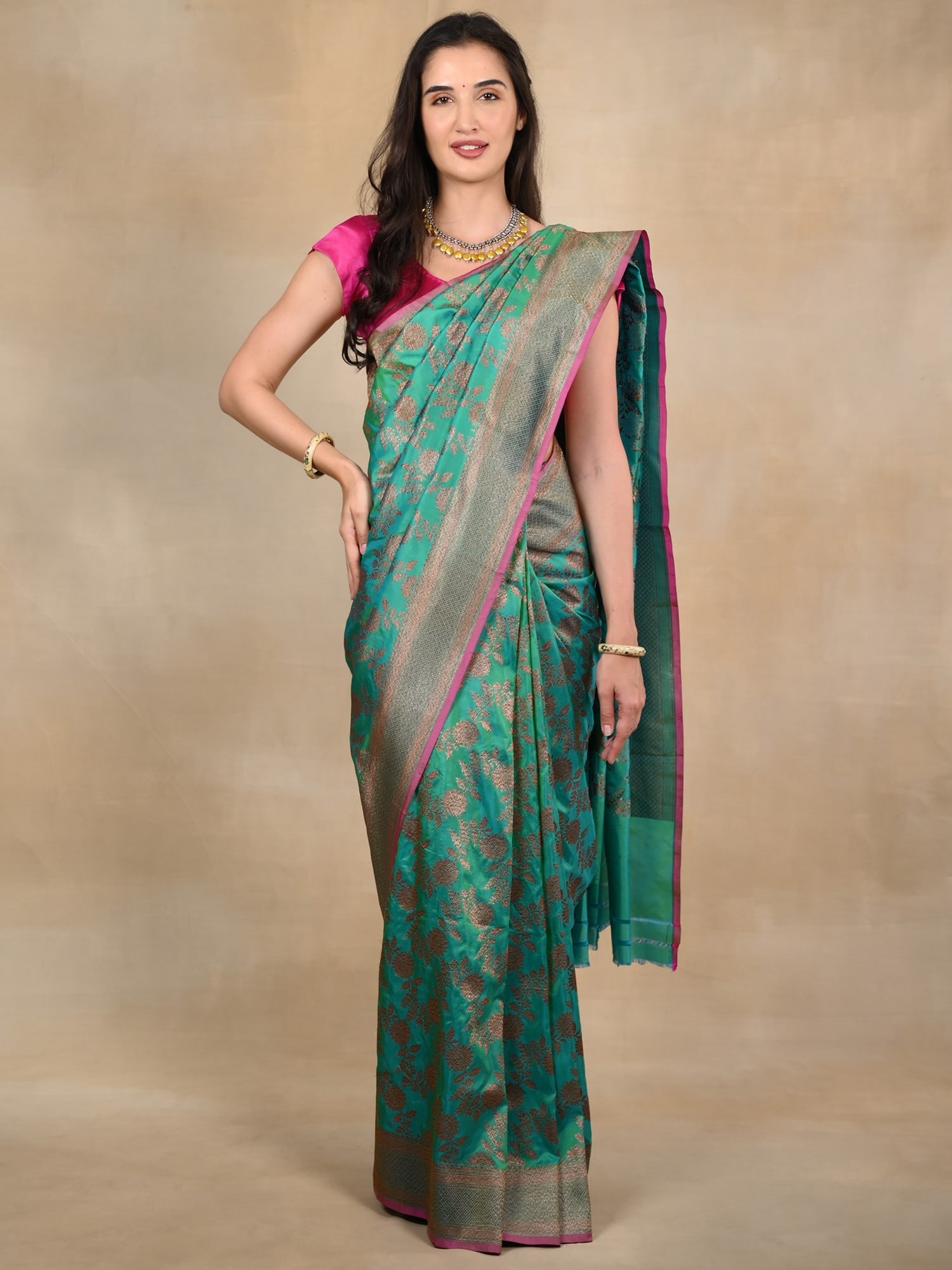 Sea Green Banarasi Saree with Magenta Pink Border and Golden Zari Motifs - 2