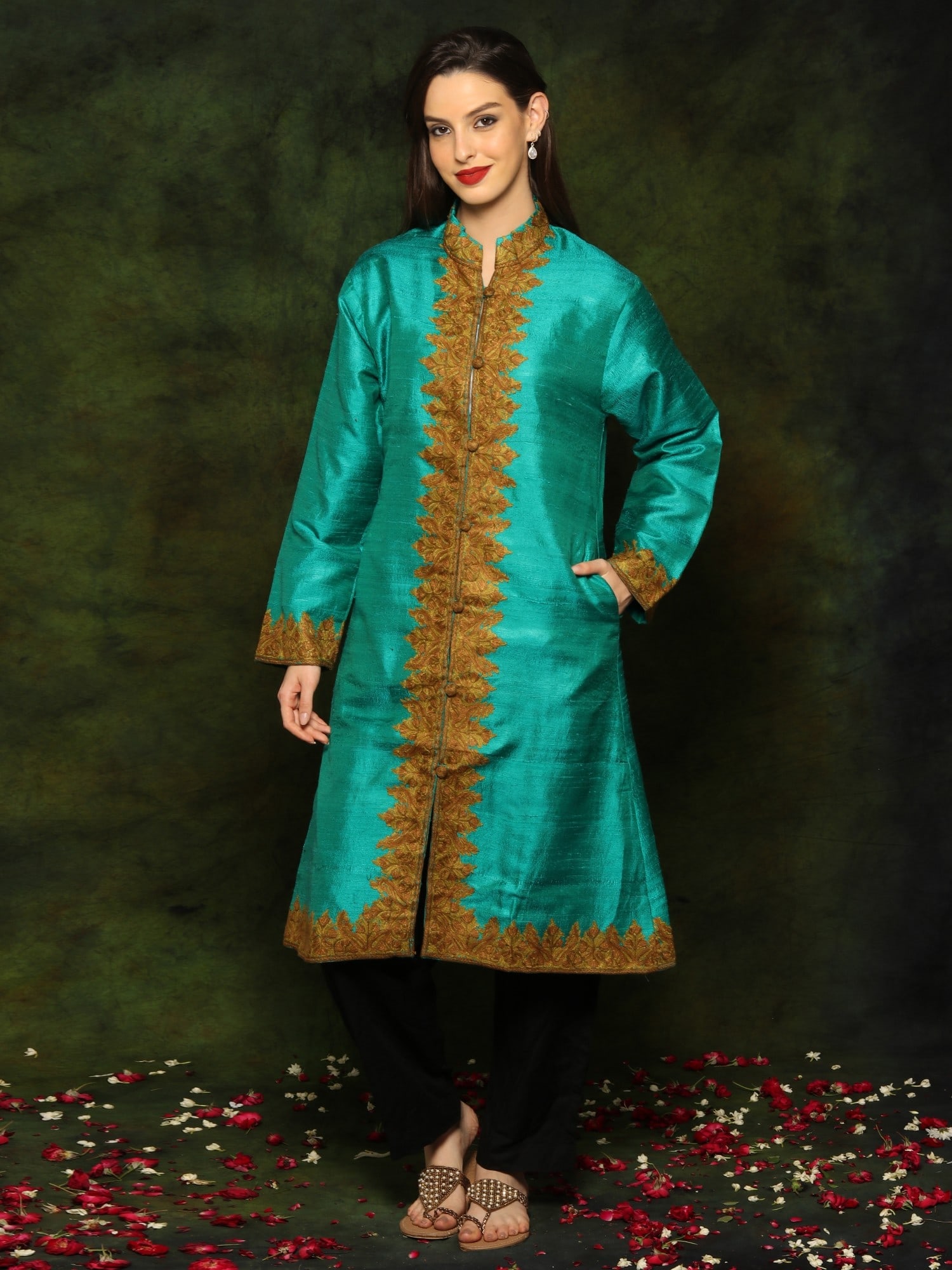 Turqoise Silk Long Jacket with Detailed Floral and Paisley Red Aari Embroidery From Kashmir (1 of 2)