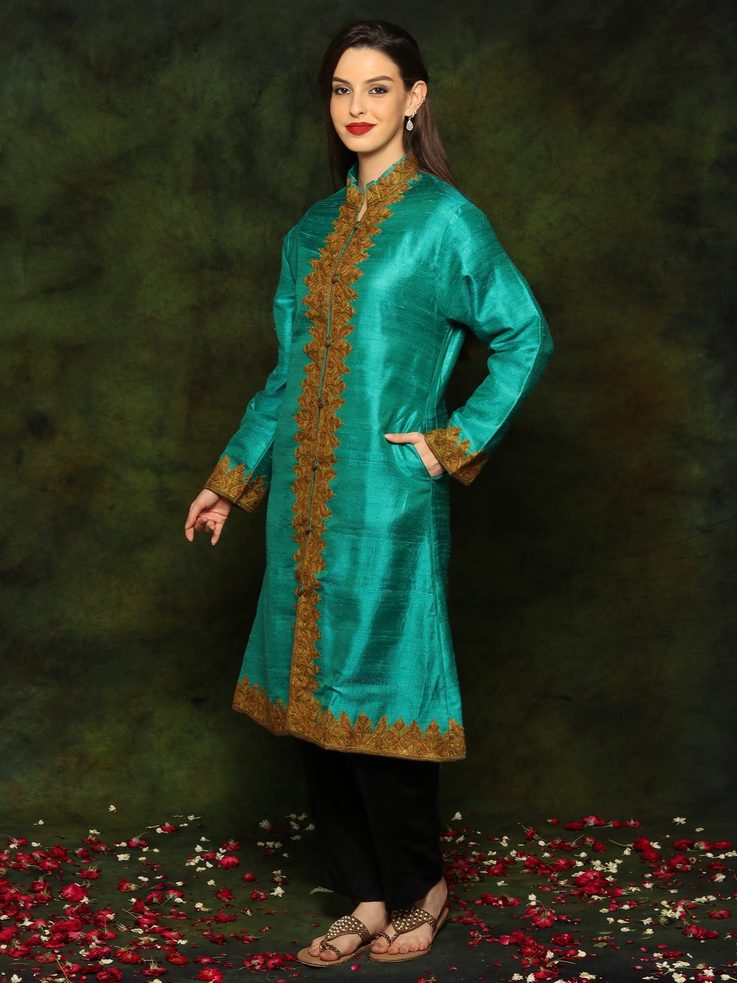 Turqoise Silk Long Jacket with Detailed Floral and Paisley Red Aari Embroidery From Kashmir - 2