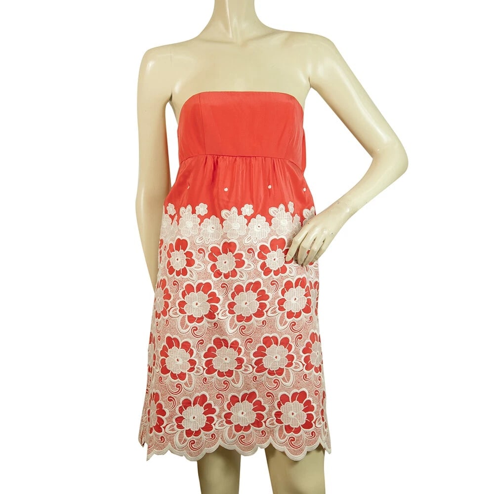 Tibi 100% Silk Red & White Floral Strapless Mini Dress size 2 (1 of 7)