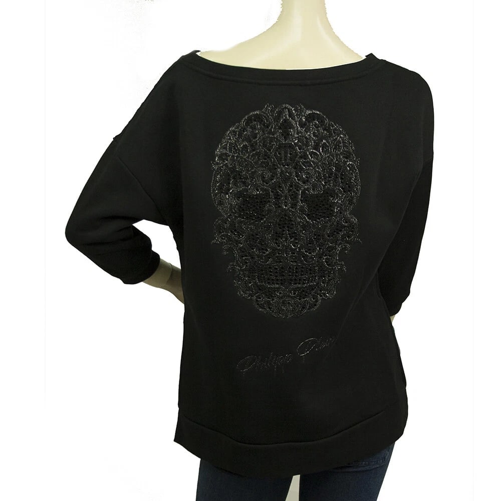Philipp Plein Black Sheer Lace Front Rhinestones Skull logo Top Blouse Size S - 2