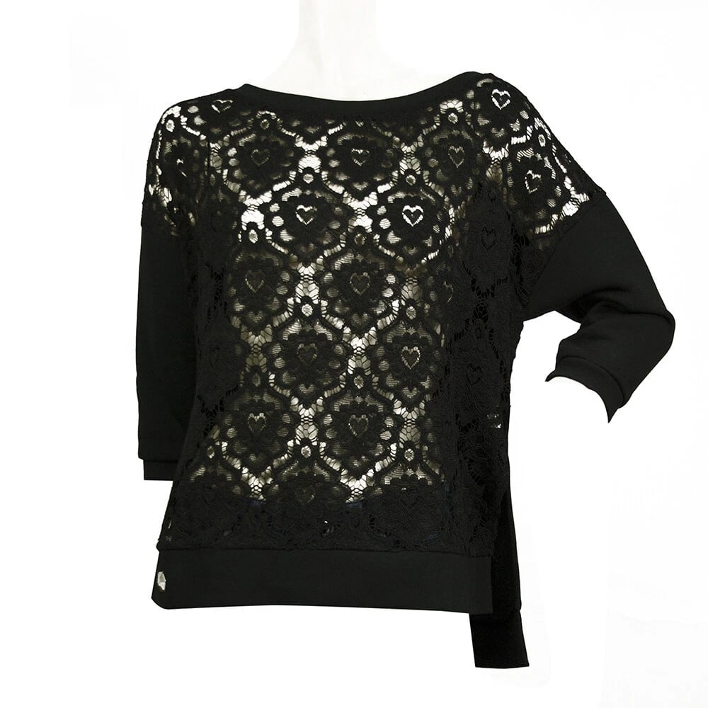 Philipp Plein Black Sheer Lace Front Rhinestones Skull logo Top Blouse Size S - 6