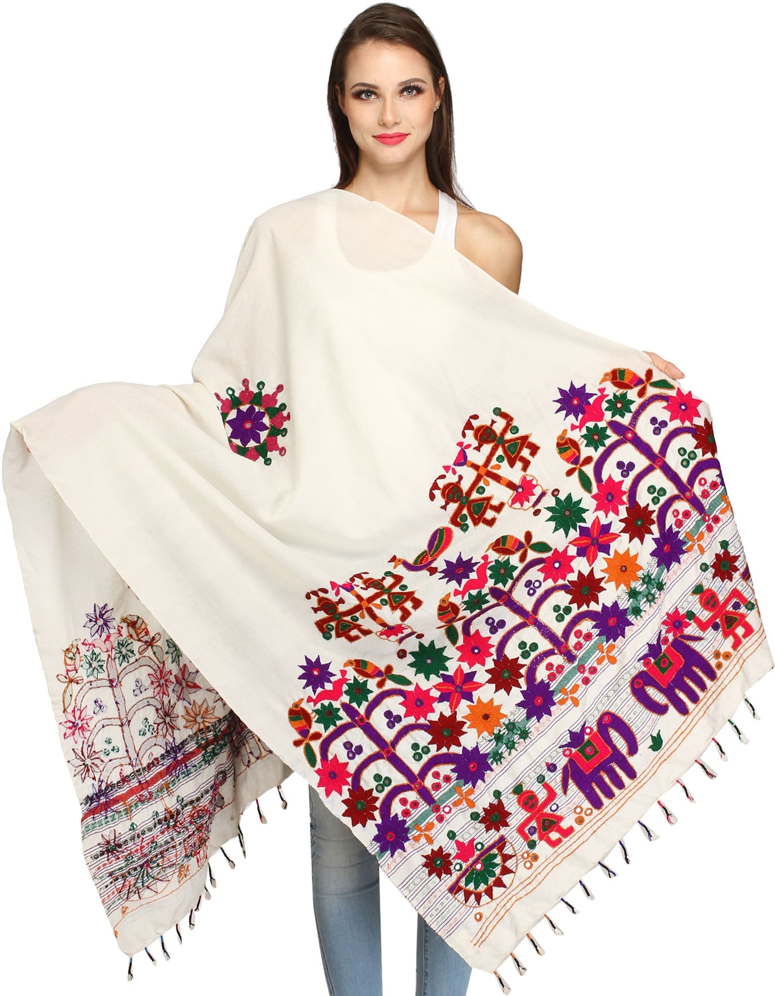 Shawl from Kutch with Hand-Embroidery and Mirrors: Title:Shawl from Kutch with Hand-Embroidery and Mirrors Description:With the most fascinating history, Gujarat has been representing India by producing textiles that are intricately linked to its past