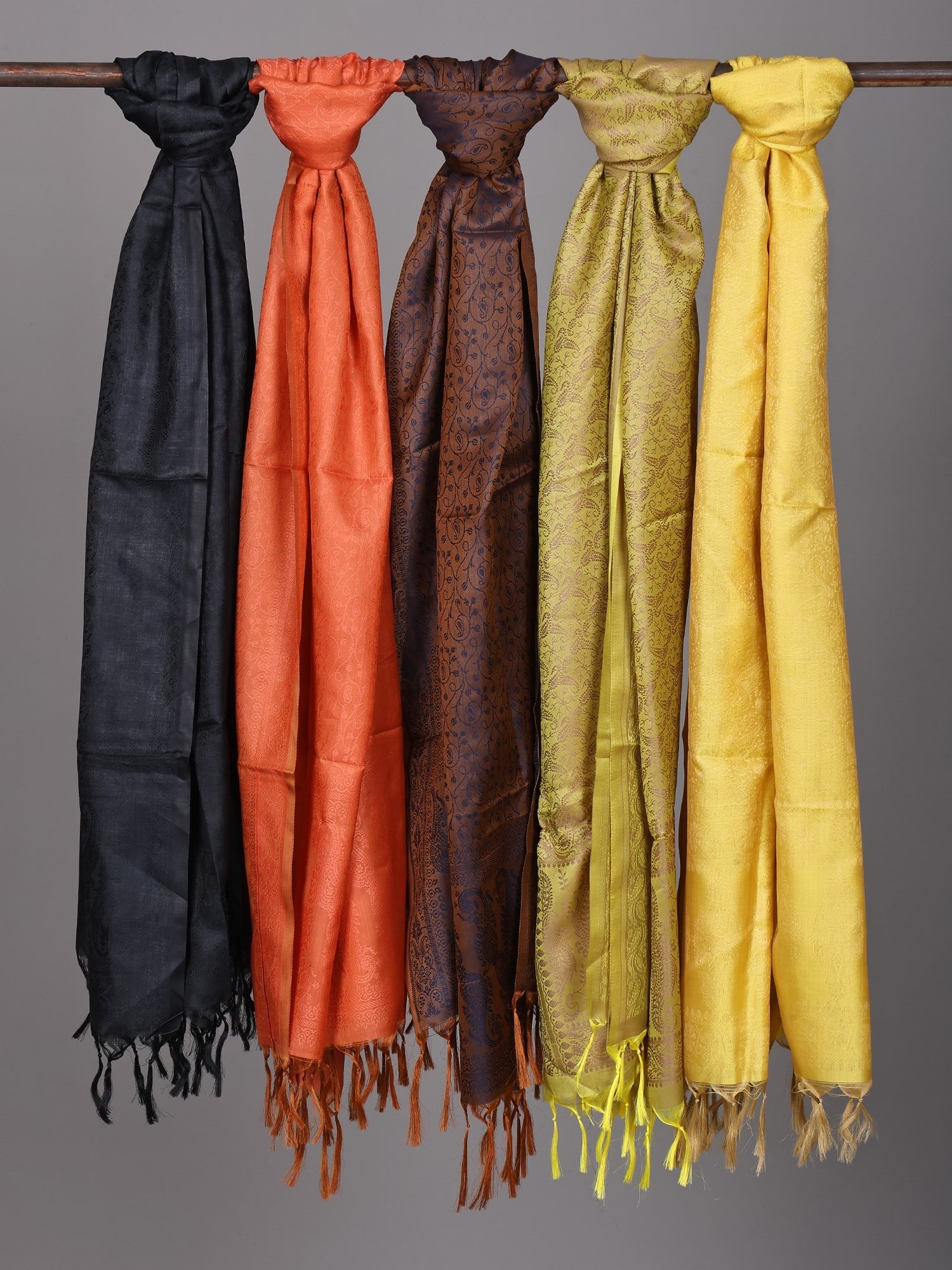 Lot of Five Pure Silk Scarves with Tanchoi Weave (1 of 2)