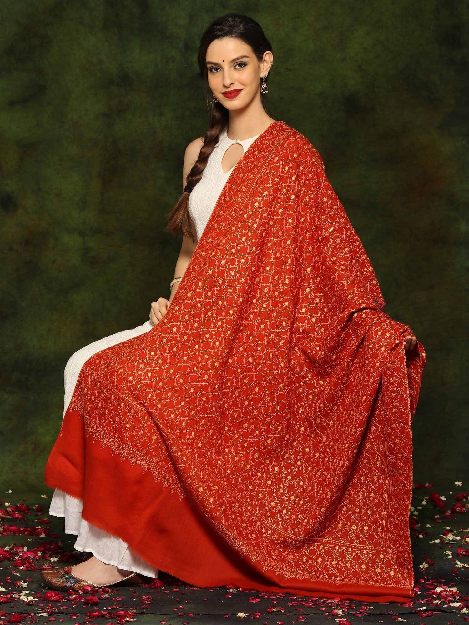 Pure Woolen Shawl with Detailed Floral Threadwork All Over: Title:Pure Woolen Shawl with Detailed Floral Threadwork All Over Reference:itemcode : GAF608-BRIGHT RED Reserve: $228.00 Shipping: Domestic: Shipping rates are determined by destination