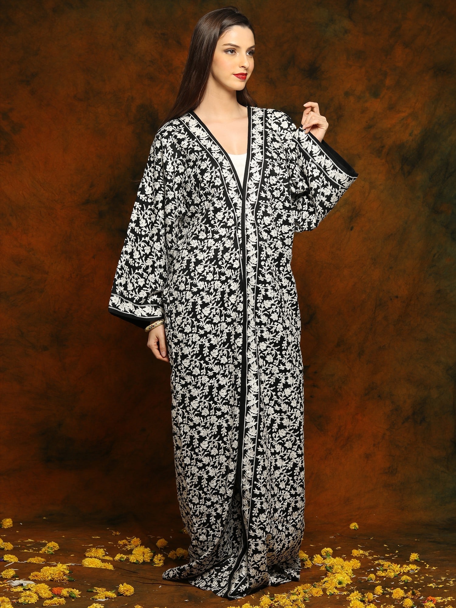 Black Fine Woolen Long Cloak with Arabian Sleeves and Detailed Floral and Paisley White Aari - 2