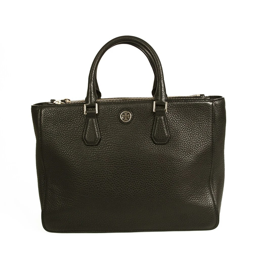 Tory Burch Black Pebbled Leather Large Tote Shopper bag with Zipper closure: Title:Tory Burch Black Pebbled Leather Large Tote Shopper bag with Zipper closure Description:Tory Burch Black Pebbled Leather Large Tote Shopper bag with Zipper closure This stylish handbag is a stun