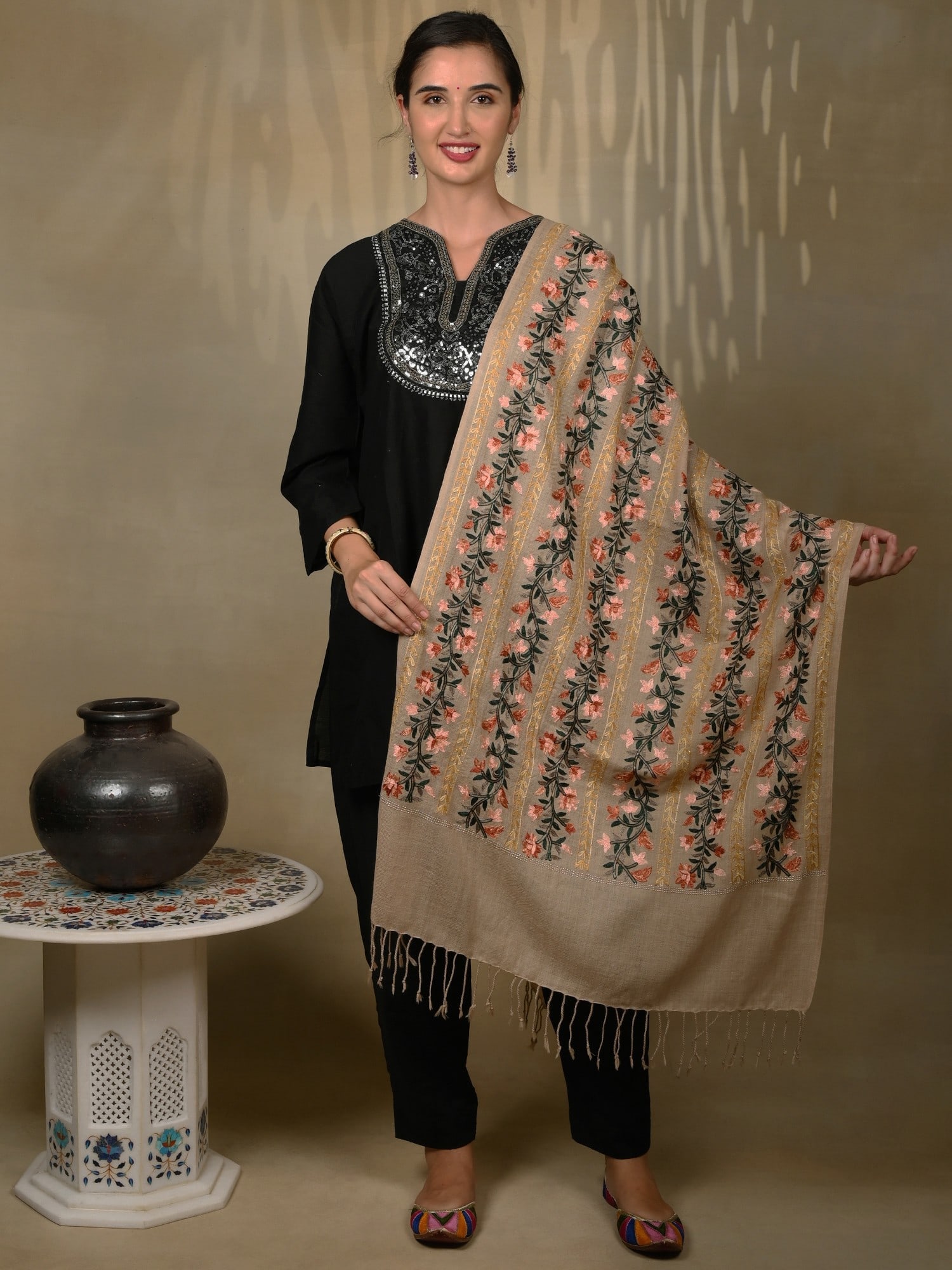 Pure Woolen Stole with Sequins Floral Garland and Motif Multicolored Threadwork from Kashmir: Title:Pure Woolen Stole with Sequins Floral Garland and Motif Multicolored Threadwork from Kashmir Description:This Pure Woolen Stole from Kashmir, adorned with Sequins and Floral Garland and Motif