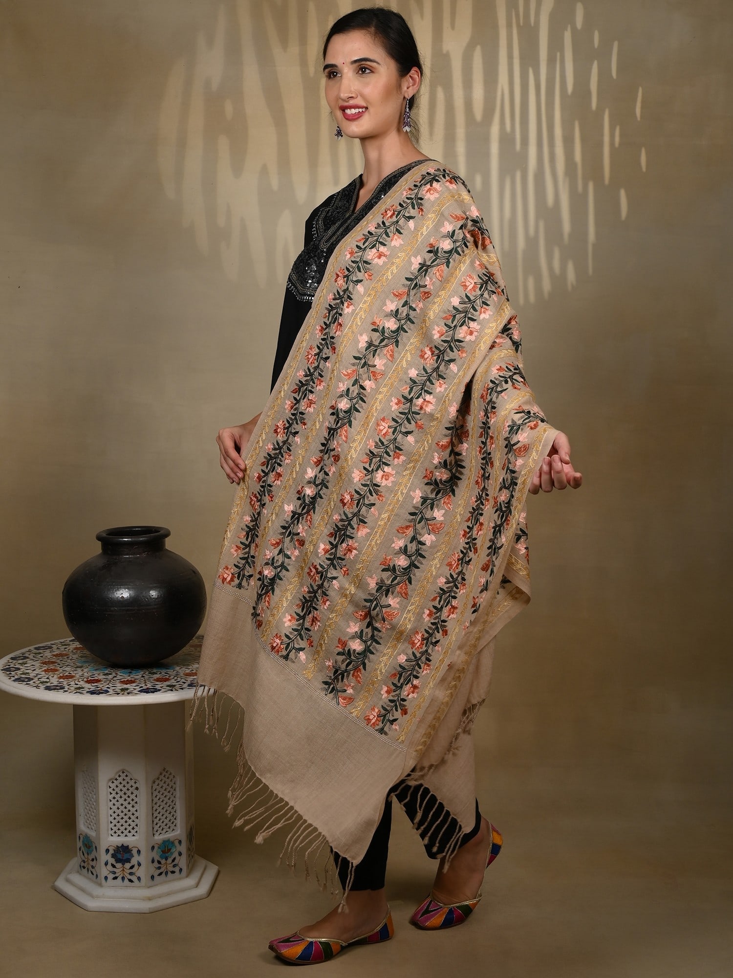 Pure Woolen Stole with Sequins Floral Garland and Motif Multicolored Threadwork from Kashmir - 2