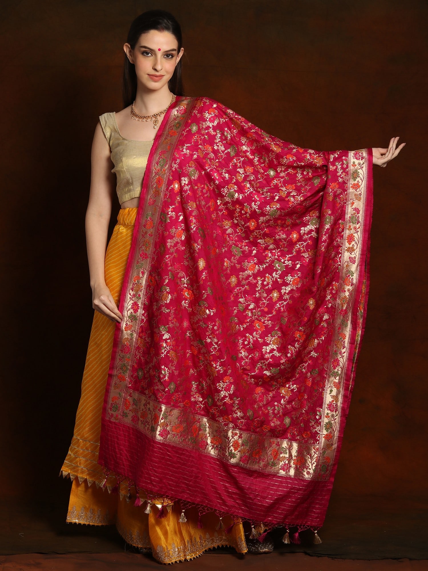 Royal Banarasi Brocade Silk Dupatta with Striped Palla and Tassels - 2
