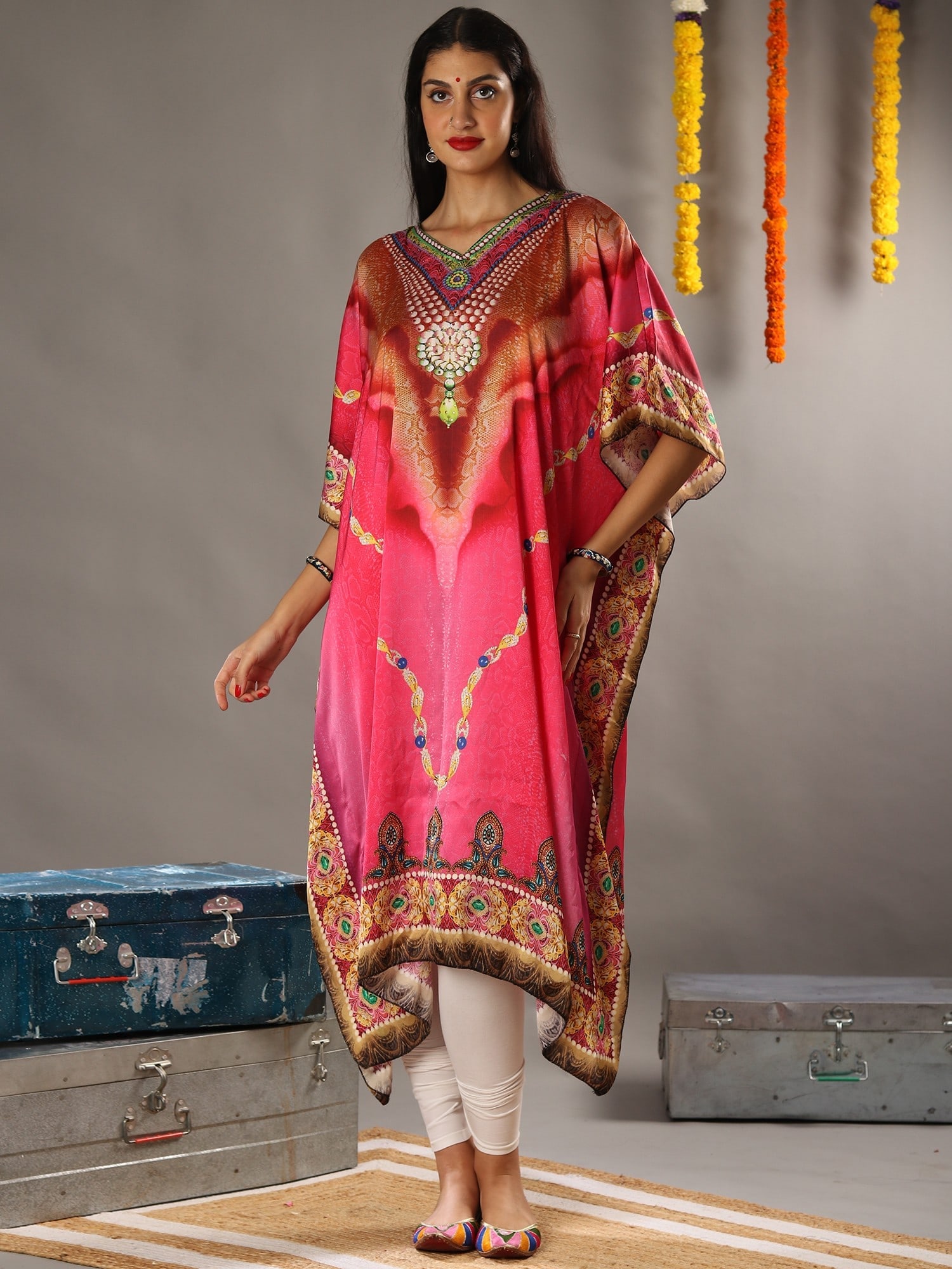 Mediterranian Multicolored Print Fuscia Pink Satin Kaftan with Studded work on the Neck: Title:Mediterranian Multicolored Print Fuscia Pink Satin Kaftan with Studded work on the Neck Reference:itemcode : GAF178 Reserve: $47.00 Shipping: Domestic: Shipping rates are determined by