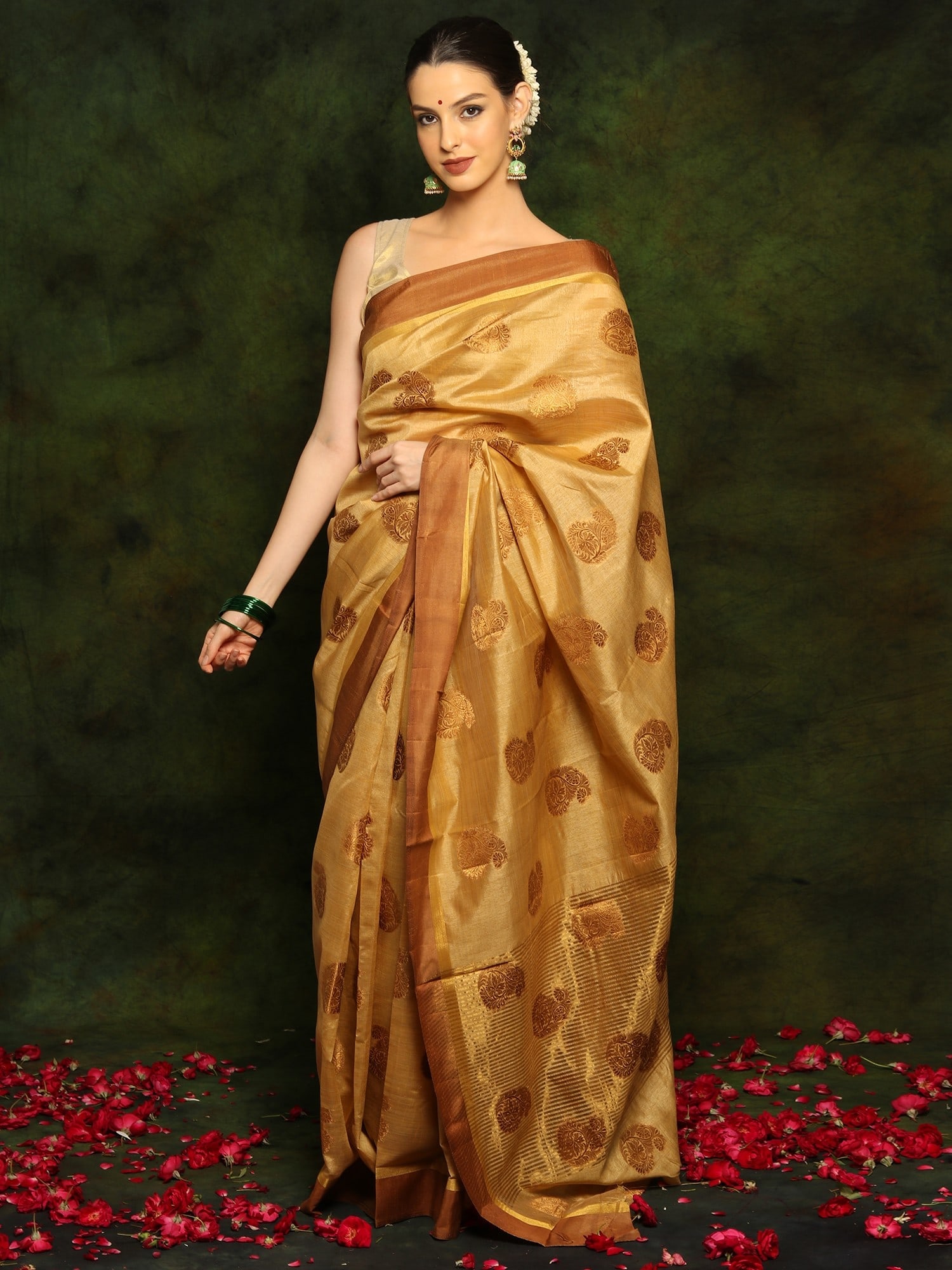 Art Silk Saree with Golden Stripes and Traditional Paisley Motifs All Over: Title:Art Silk Saree with Golden Stripes and Traditional Paisley Motifs All Over Description:Art silk stands as the ideal fabric for modern-day traditional wear, offering the perfect blend of luxury
