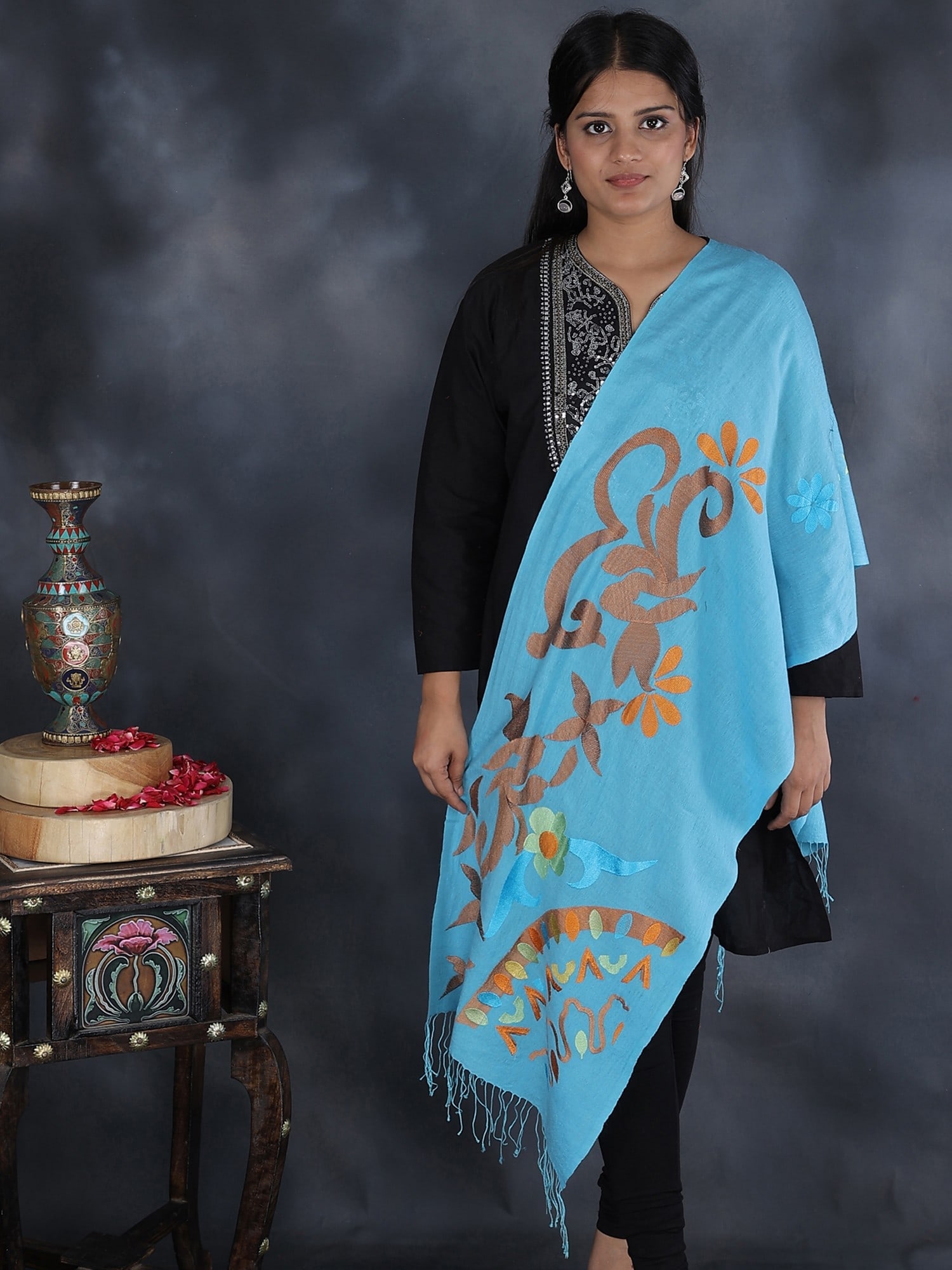 Sky-Blue Stole Designed with Contemporary Design-Motifs (1 of 2)