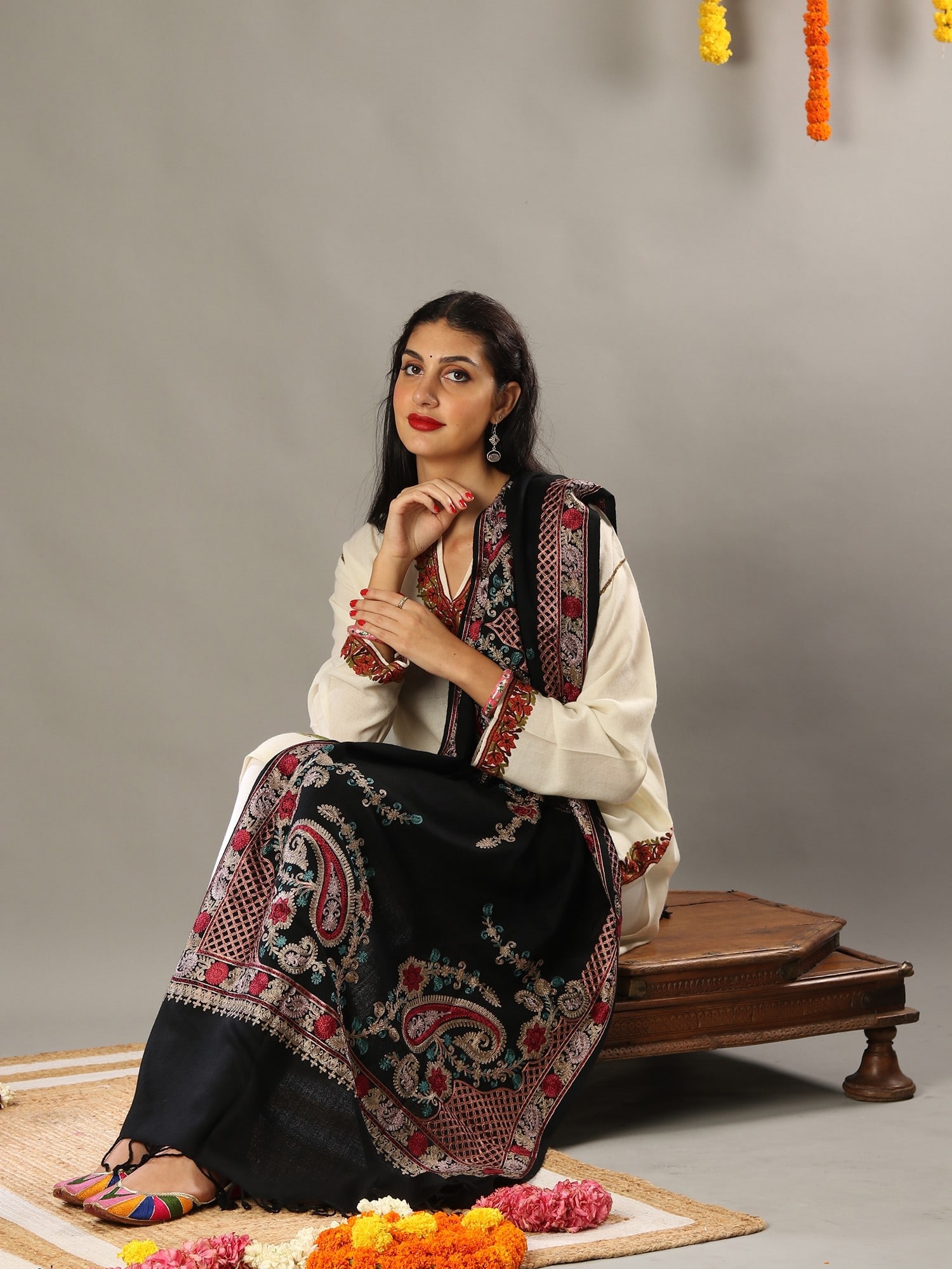 Aari Embroidered Black Fine Wool Stole with Detailed Multicolored Traditional Kashmiri Motifs and - 2