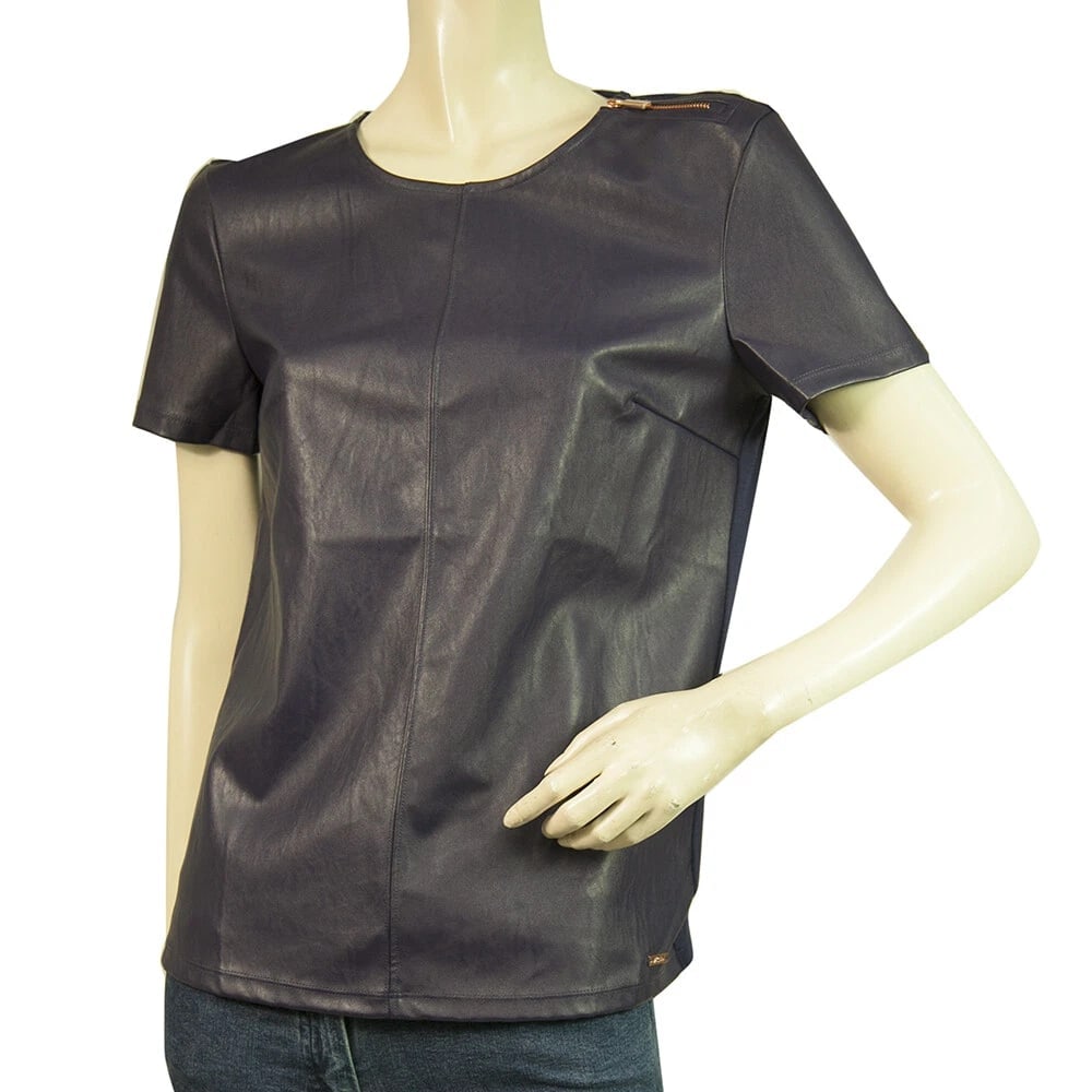 Armani Exchange Purple Faux Leather Front w. Zipper T- Shirt Top Size S/ P: Title:Armani Exchange Purple Faux Leather Front w. Zipper T- Shirt Top Size S/ P Description:Armani Exchange Purple Faux Leather Front w. Zipper T- Shirt Top Size S/ P A beautiful purple top from