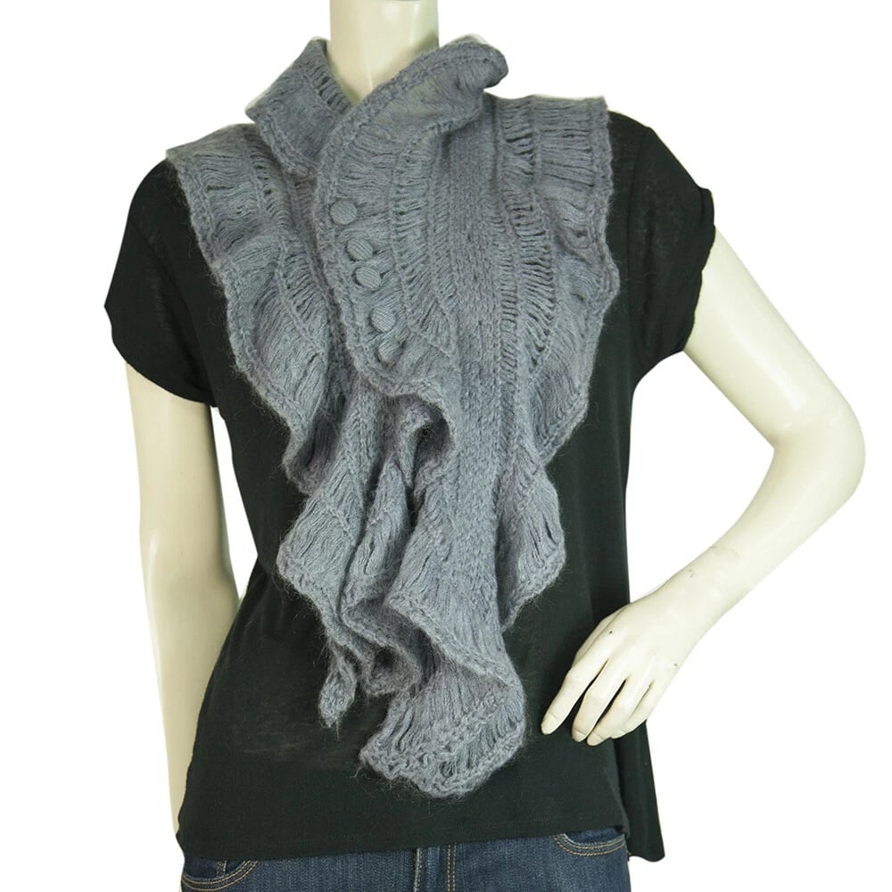 Gray Wool Knit Long Scarf Wrap Cache Col with Buttons (1 of 5)