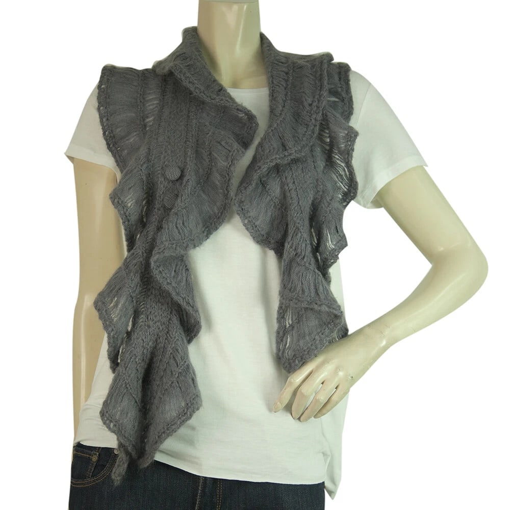 Gray Wool Knit Long Scarf Wrap Cache Col with Buttons - 2