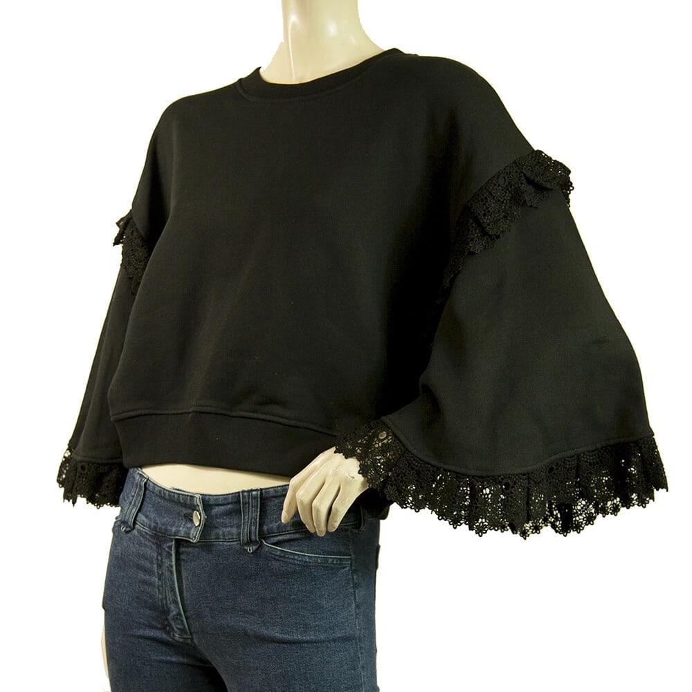 MSGM Black Long Wide Sleeves w. Lace Cotton Crop Top Sweater size S (1 of 6)