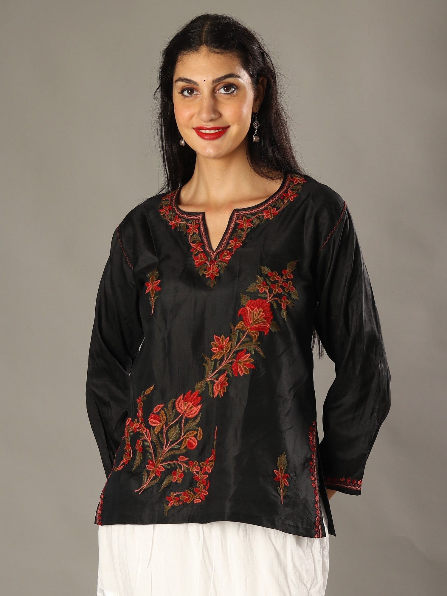 Charcoal Black Silk Kurti with Multicolored Aari Embroidery from Kashmir: Title:Charcoal Black Silk Kurti with Multicolored Aari Embroidery from Kashmir Reference:itemcode : GAG129 Reserve: $98.00 Shipping: Domestic: Shipping rates are determined by destination