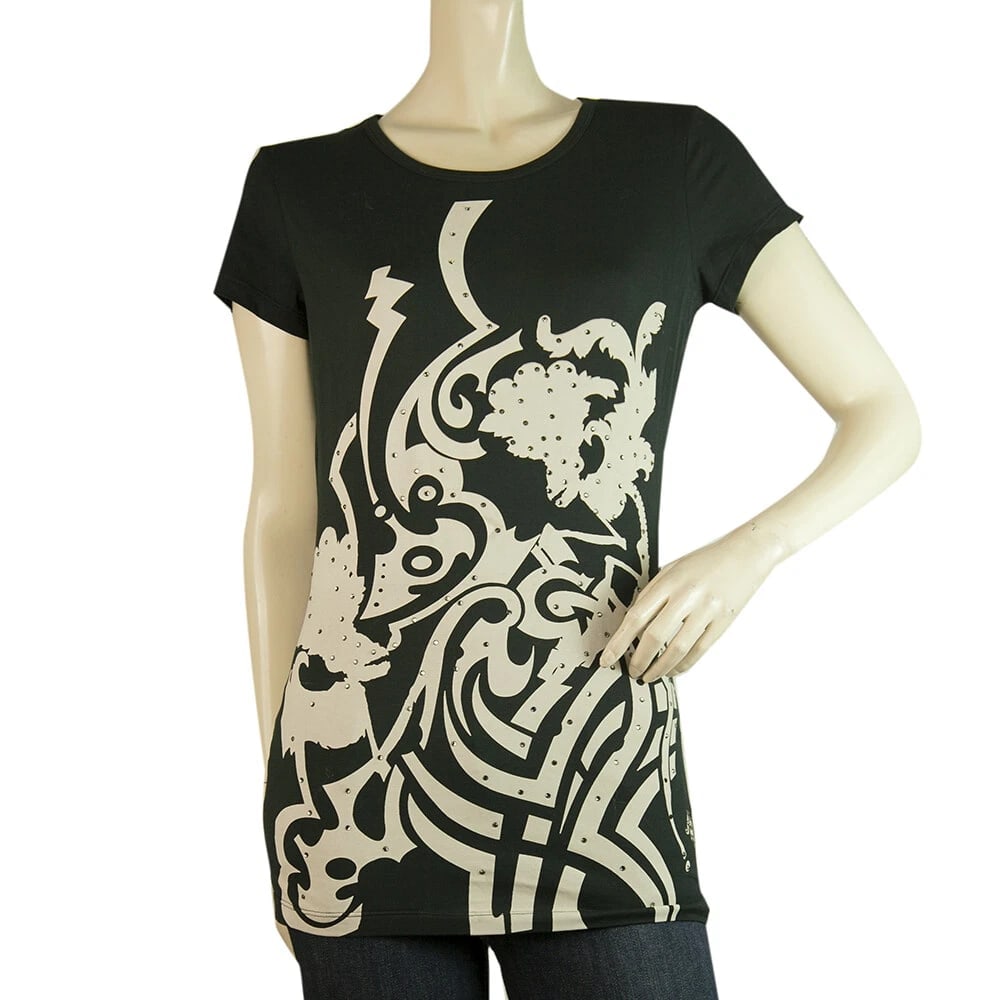John Richmond Black White Abstract Print T-shirt Rhinestone top size 44 (1 of 7)