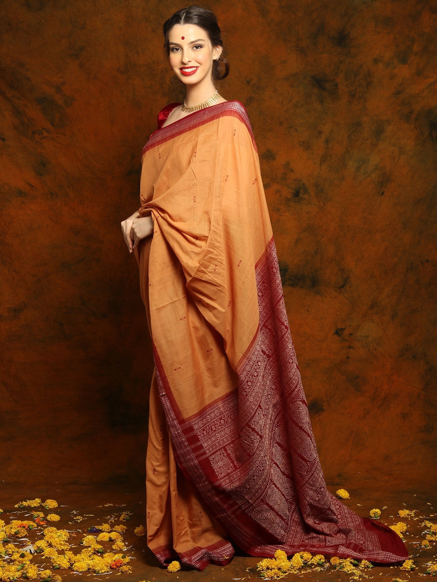 Tangerine Cotton Bomkai Saree with Maroon Palla and Traditional Motifs - 2