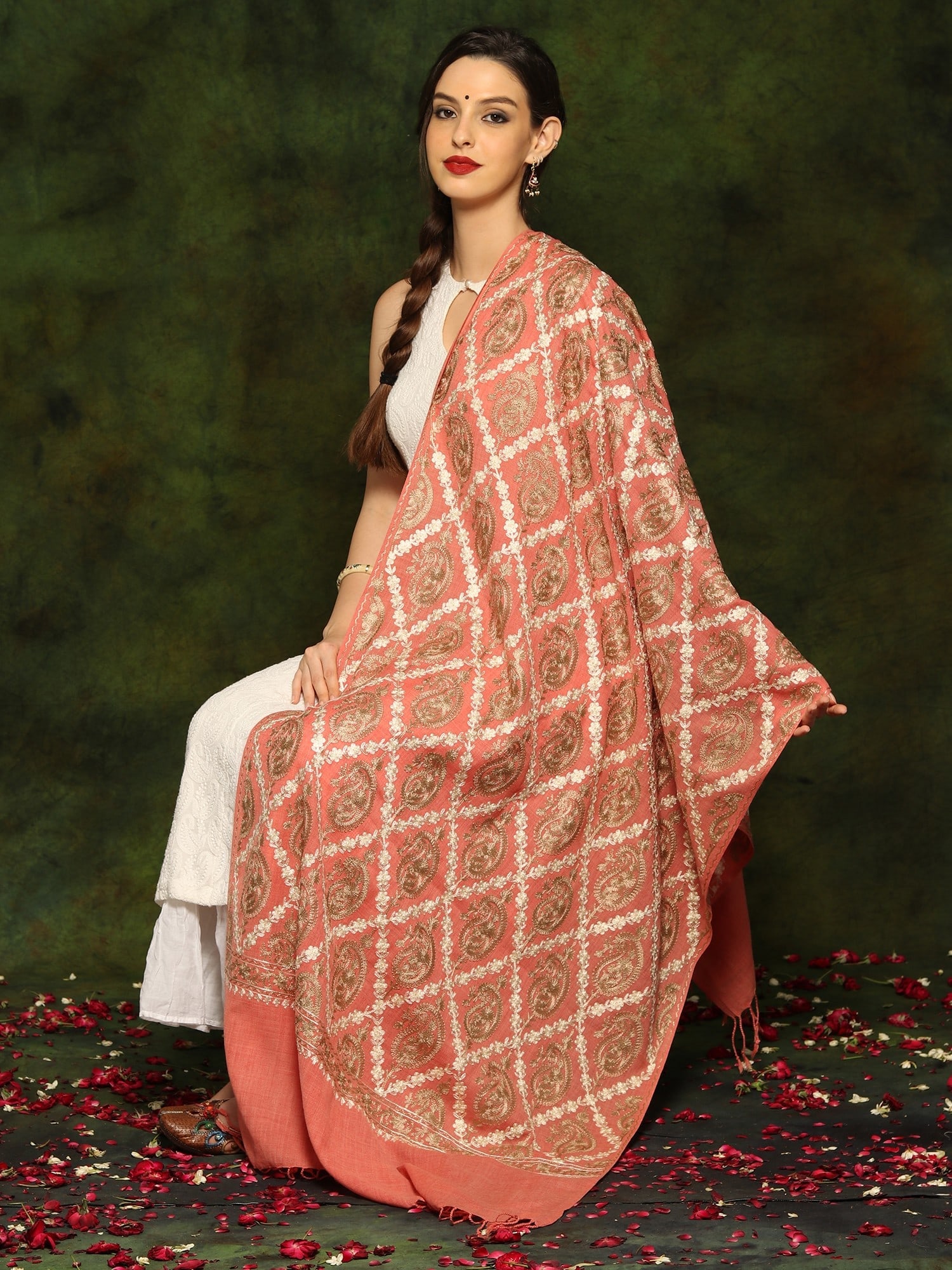 Peach Fine Woolen Shawl with Paisley Aari Embroidery Motif All Over: Title:Peach Fine Woolen Shawl with Paisley Aari Embroidery Motif All Over Reference:itemcode : GAF614 Reserve: $68.00 Shipping: Domestic: Shipping rates are determined by destination International:
