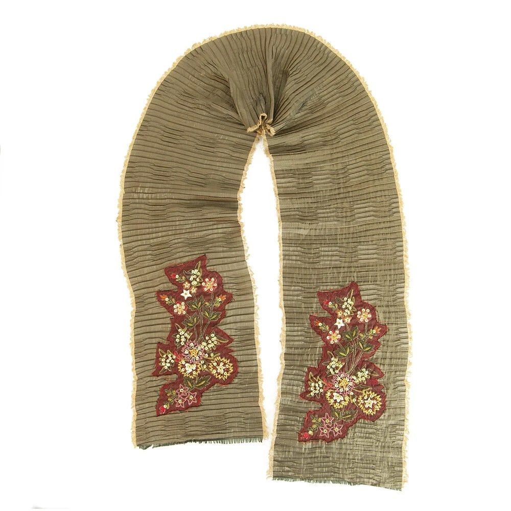 Embroidered Flowers Sequins Taupe Ruched Long Scarf Wrap Cache Col (1 of 5)