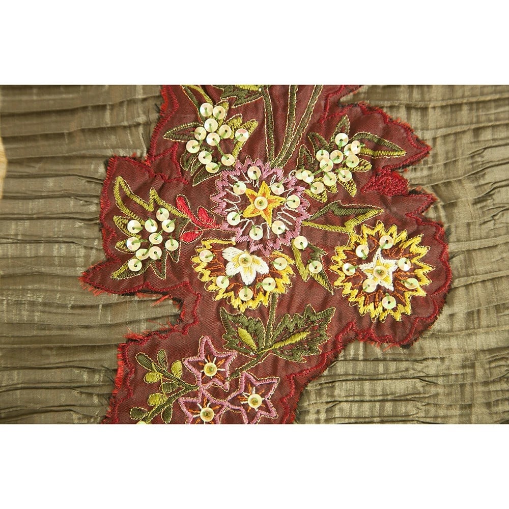 Embroidered Flowers Sequins Taupe Ruched Long Scarf Wrap Cache Col - 5