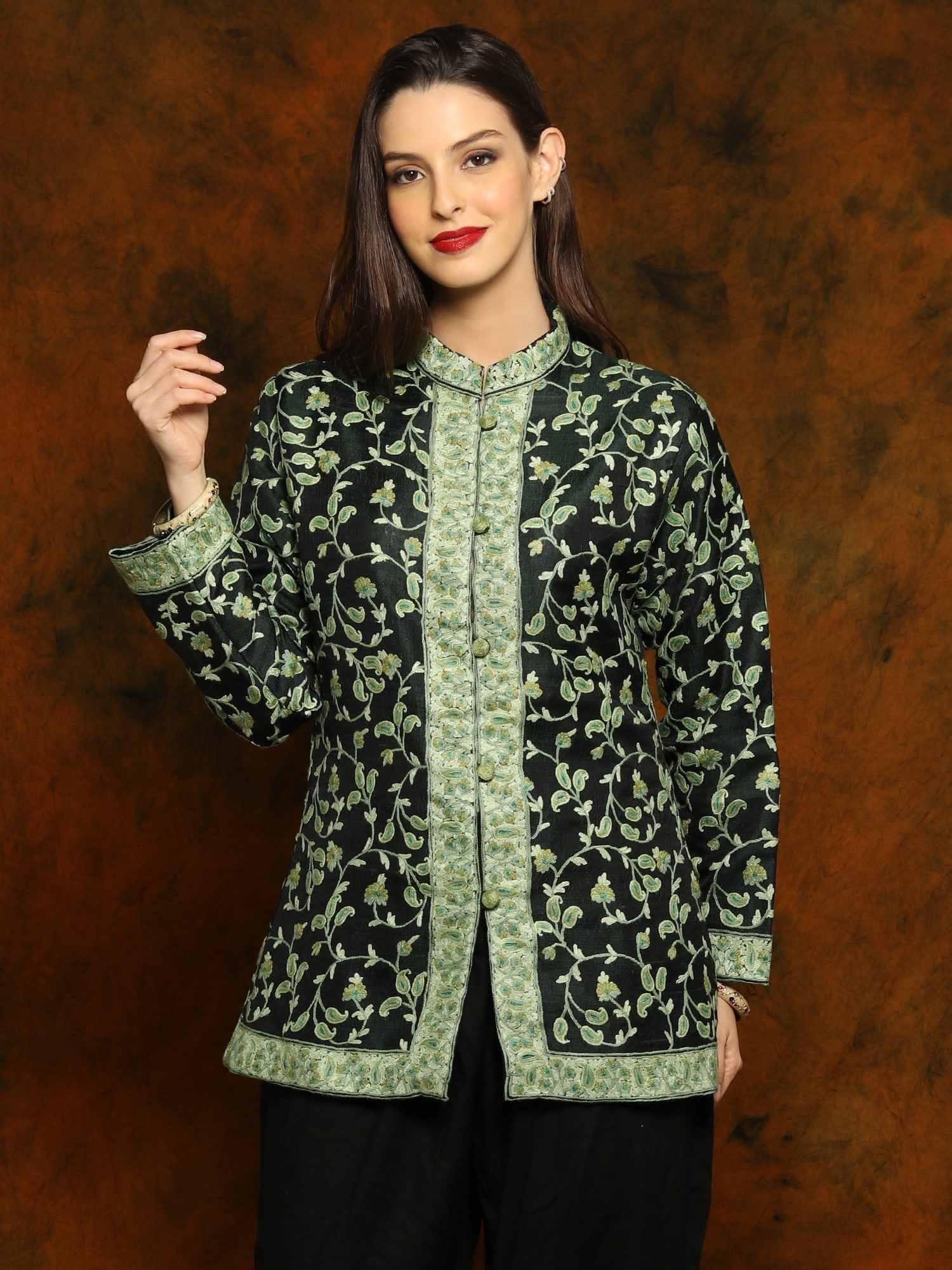 Kashmiri Black Silk Short Jacket with Detailed Paisley Aari Embroidery (1 of 2)
