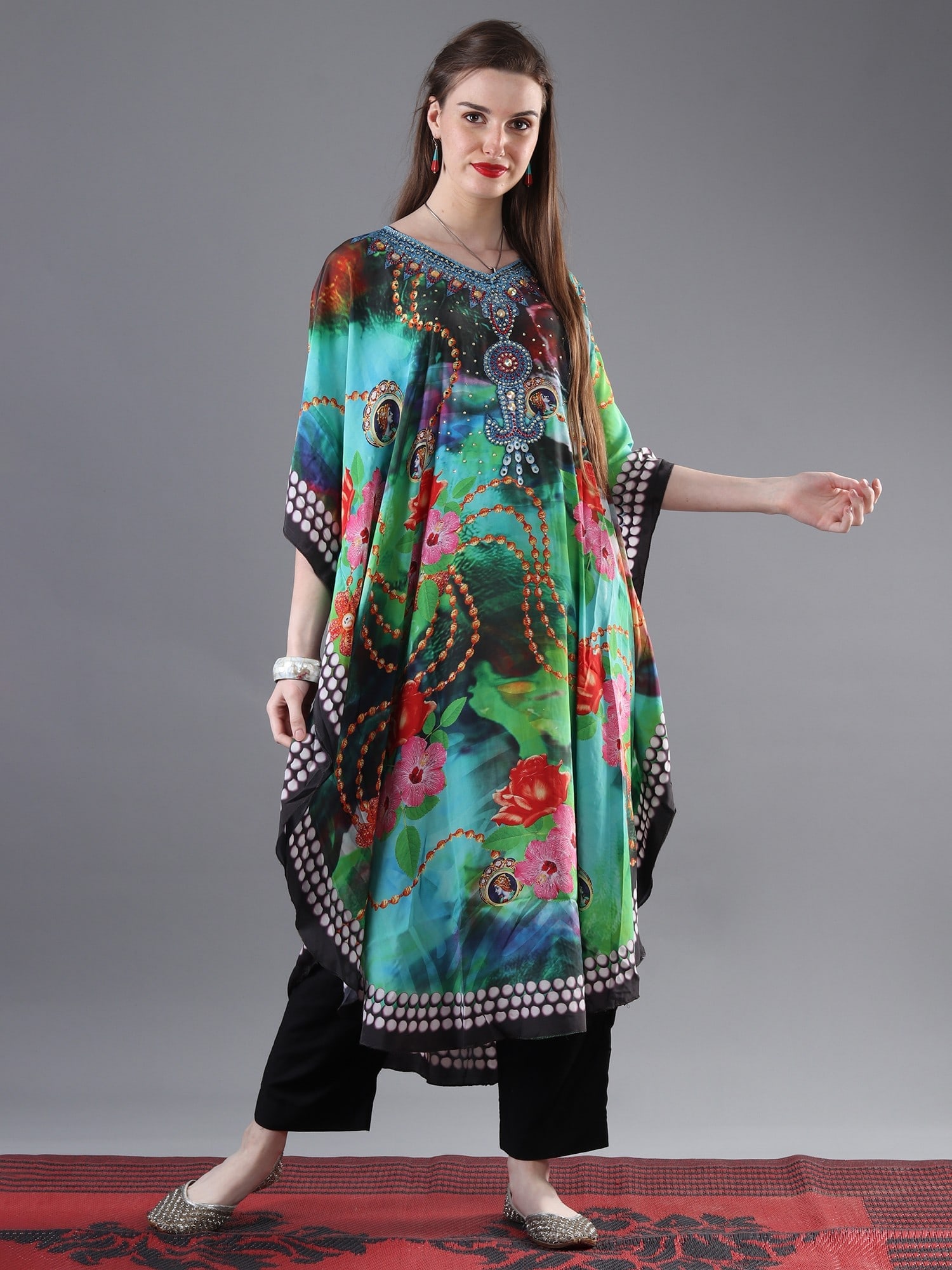 Mediterranian Print Chiffon Long Kaftan with Sequins on Neck: Title:Mediterranian Print Chiffon Long Kaftan with Sequins on Neck Reference:itemcode : GAG115 Reserve: $36.00 Shipping: Domestic: Shipping rates are determined by destination International: Foreign s