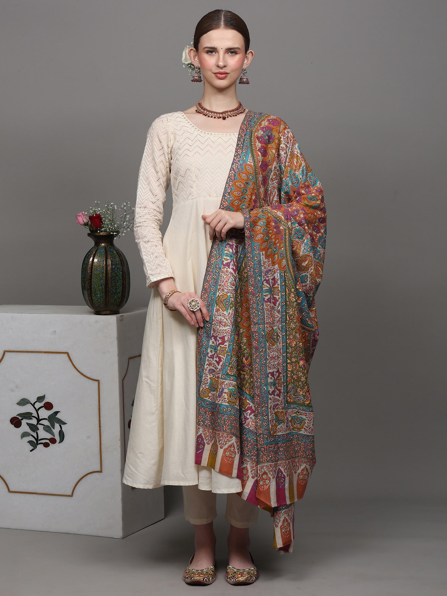 Pure Pashmina Kani Shawl with Heavily Multicolor Sozni Hand-Embroidered Paisleys and Flowers - 2