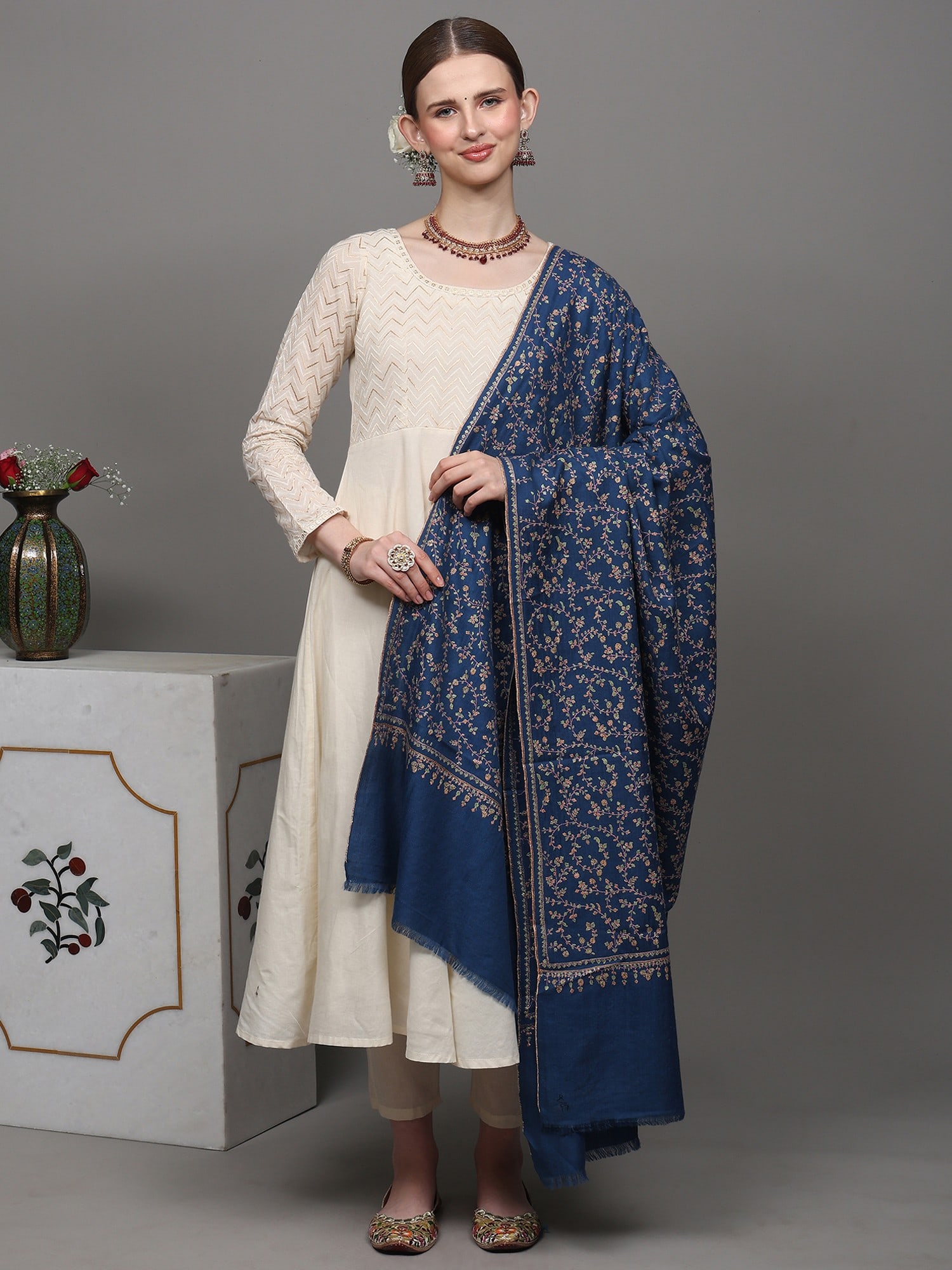 Federal-Blue Pure Pashmina Shawl with Sozni Hand-Embroidered Floral Leaves Jaal Pattern (1 of 2)