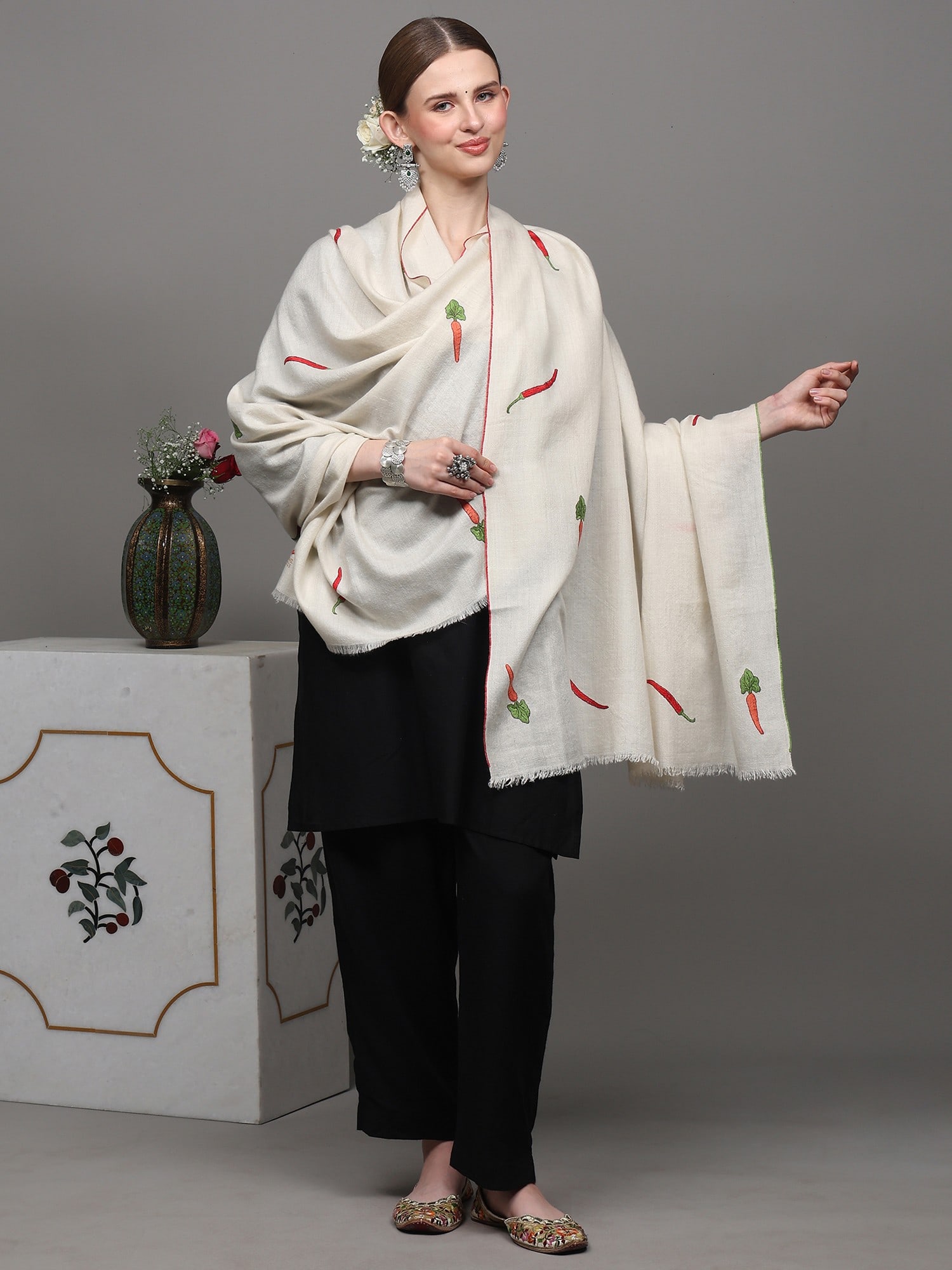 Off-White Pure Pashmina Shawl with Chilly and Carrot Embroidery - 2