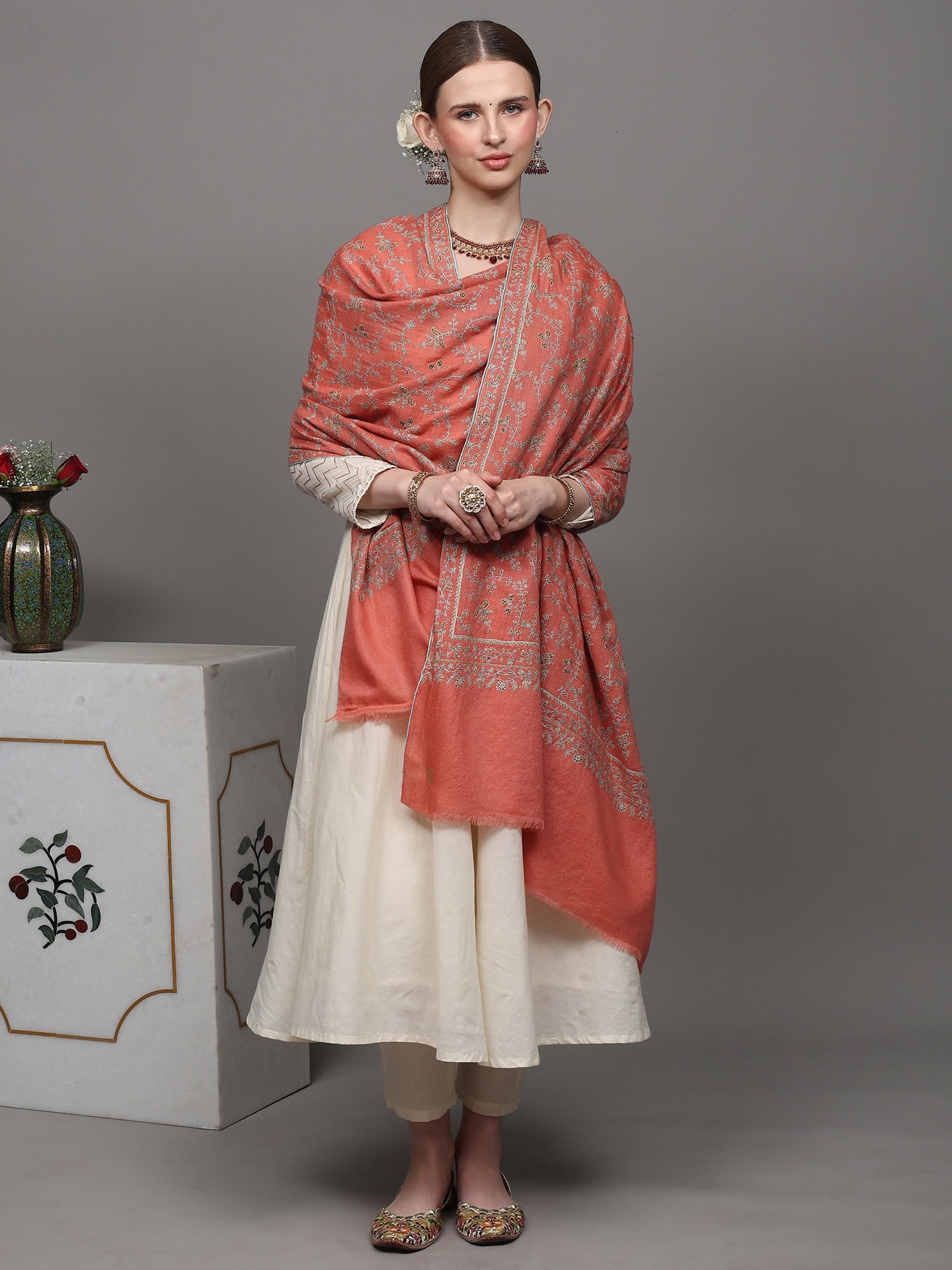 Terra-Cotta Pure Pashmina Shawl with Floral Jaaldar Sozni Embroidery by Hand - 2