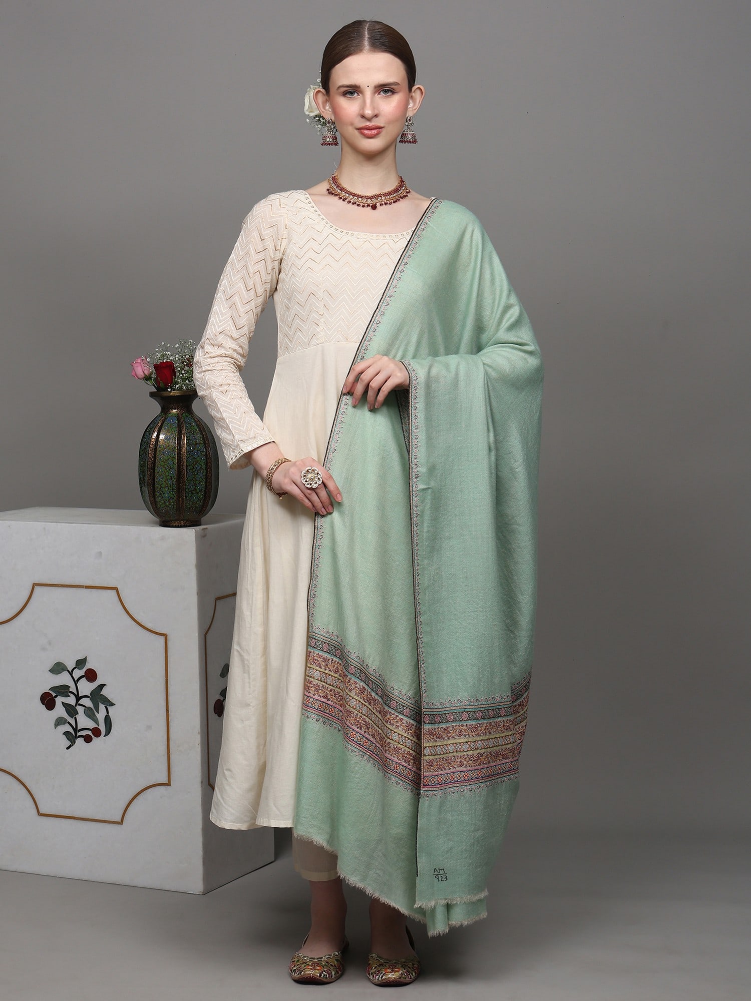 Mist-Green Pure Pashmina Palledar Shawl with Sozni Embroidery by Hand - 2