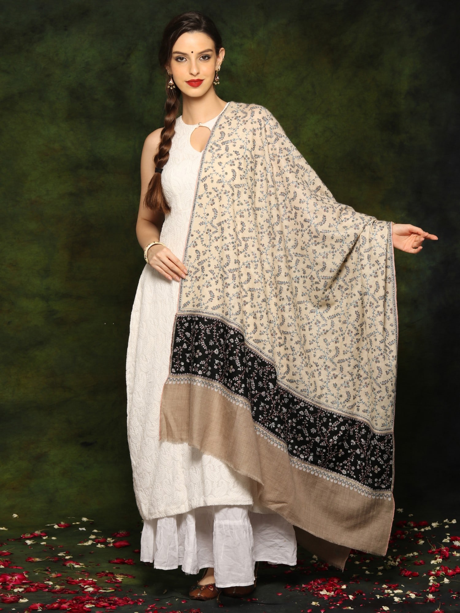 Pure Pashmina Sozni All over Embroidery Natural Color Palledar Shawl from Kashmir: Title:Pure Pashmina Sozni All over Embroidery Natural Color Palledar Shawl from Kashmir Reference:itemcode : GAF587 Reserve: $1,346.00 Shipping: Domestic: Shipping rates are determined by destination