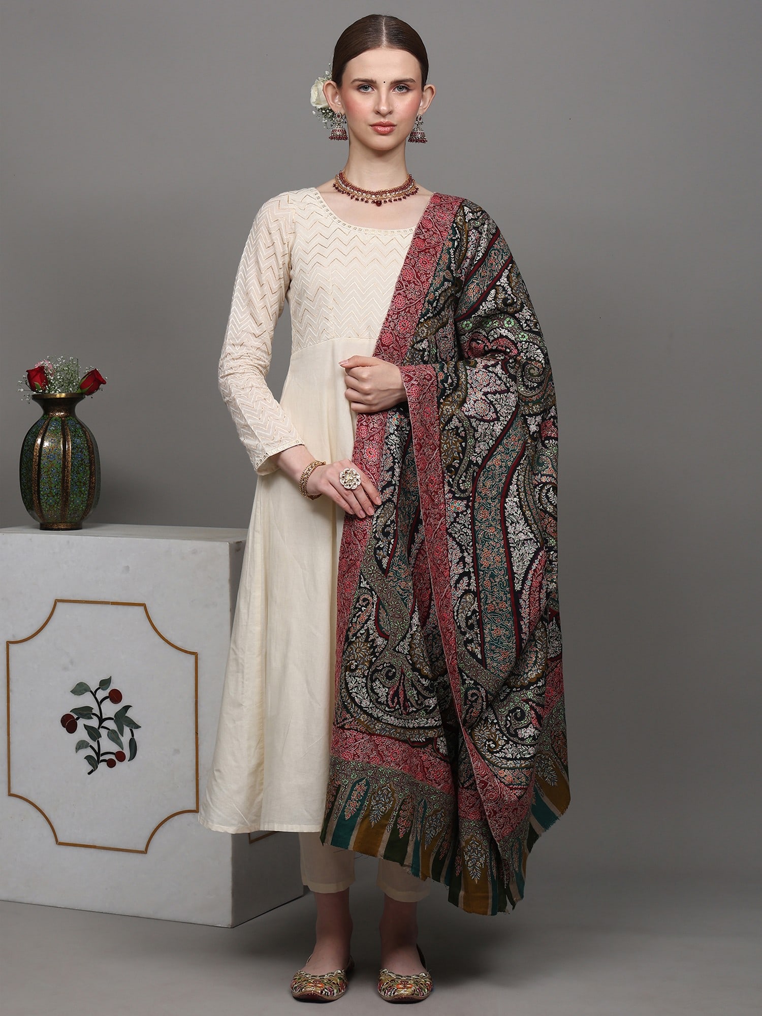 Pure Pashmina Shawl with All-Over Intricate Sozni Embroidered Paisleys in Multicolor Thread and Kani - 2