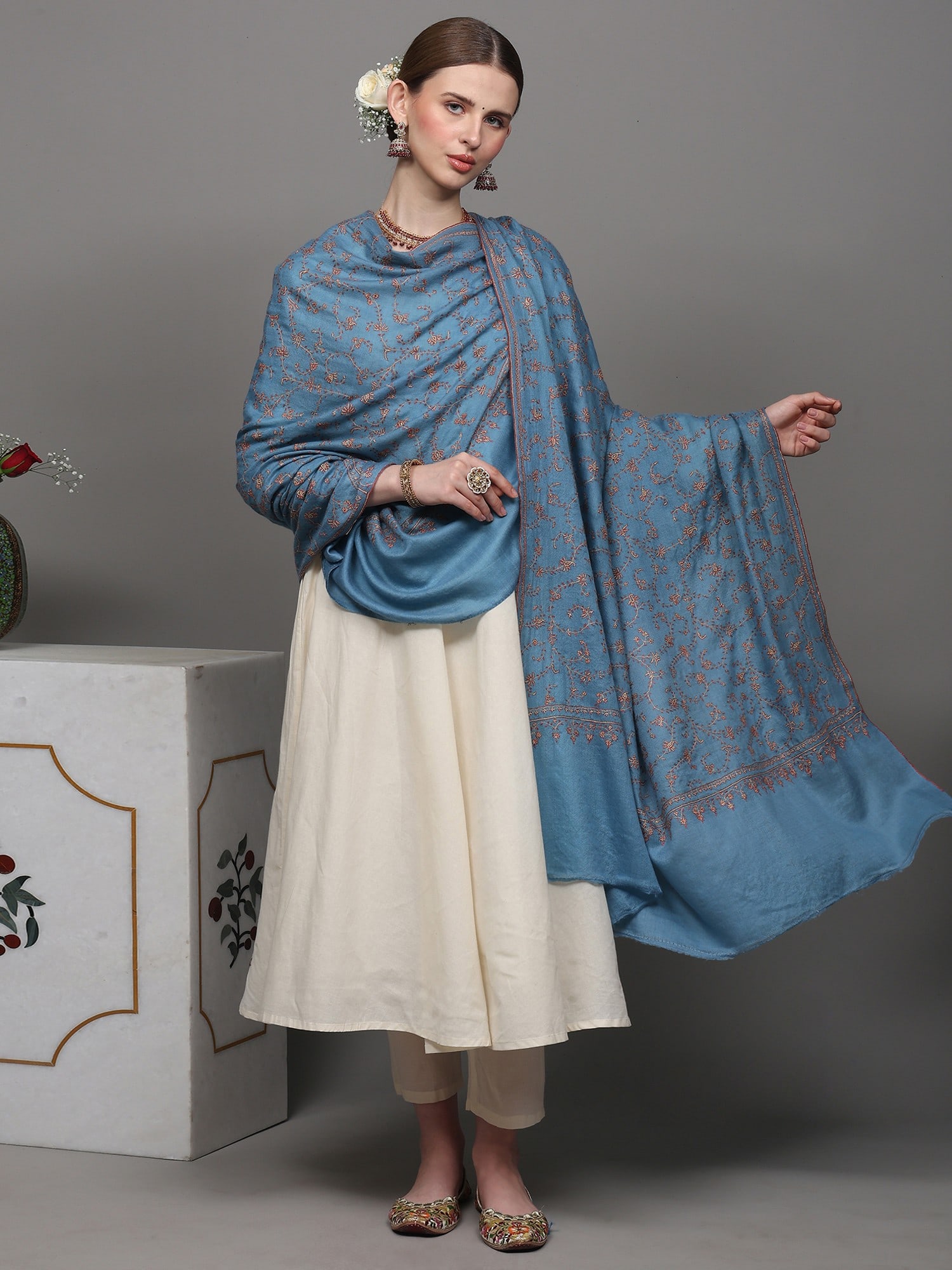 Greyish-Blue Pure Pashmina with Sozni Embroidered Phool Bail Pattern by Hand - 2