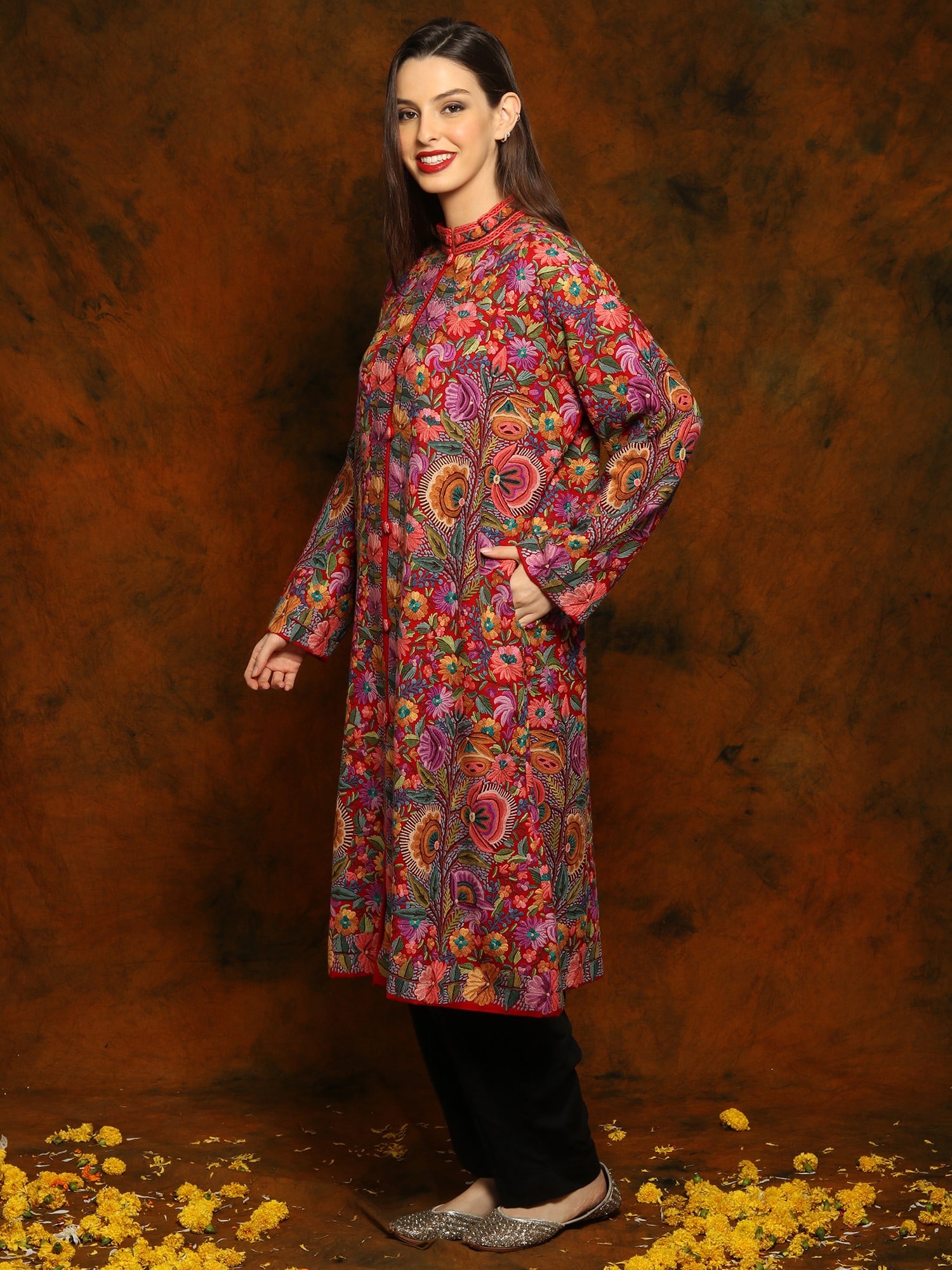 Kashmiri Red Woolen Long Jacket with Detailed Floral and Paisley Aari Embroidery - 2