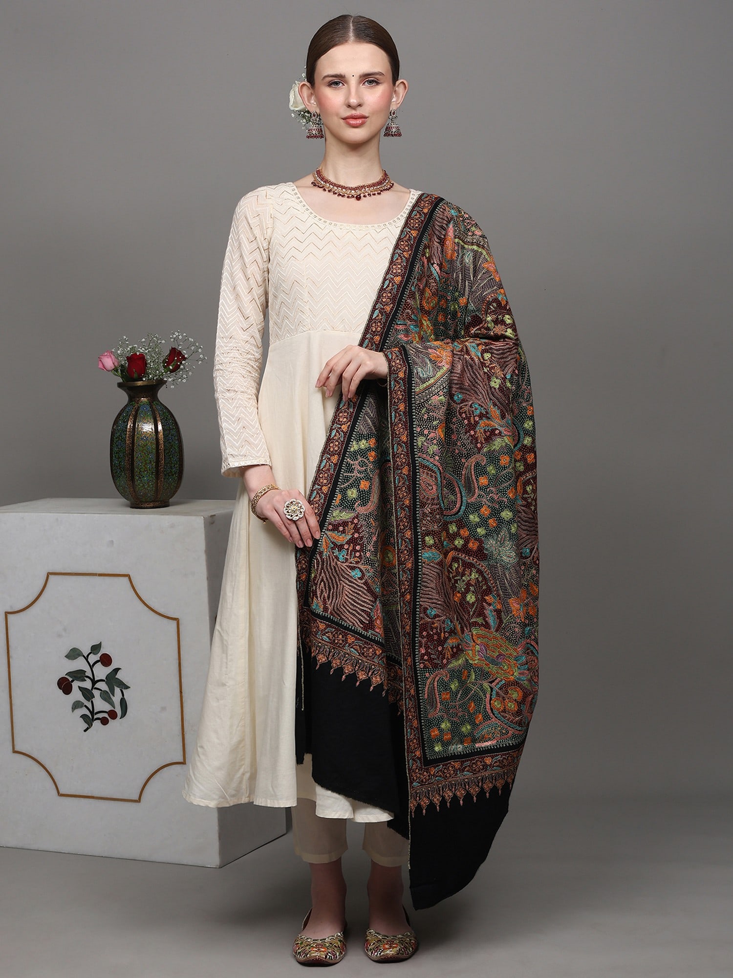 Moonless-Night Pure Pashmina Shawl with Heavily Detailed Floral Multi-coloured Kalamkari Embroidery - 2