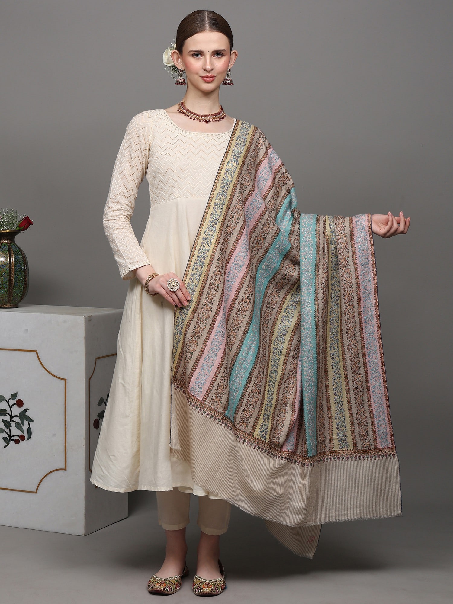 Rainbow Pure Pashmina Handloom Shawl with Traditional Khatrass Embroidery: Title:Rainbow Pure Pashmina Handloom Shawl with Traditional Khatrass Embroidery Description:This Pashmina Multicolored Striped Shawl is the epitome of elegance. Crafted from luxurious Cashmere, this