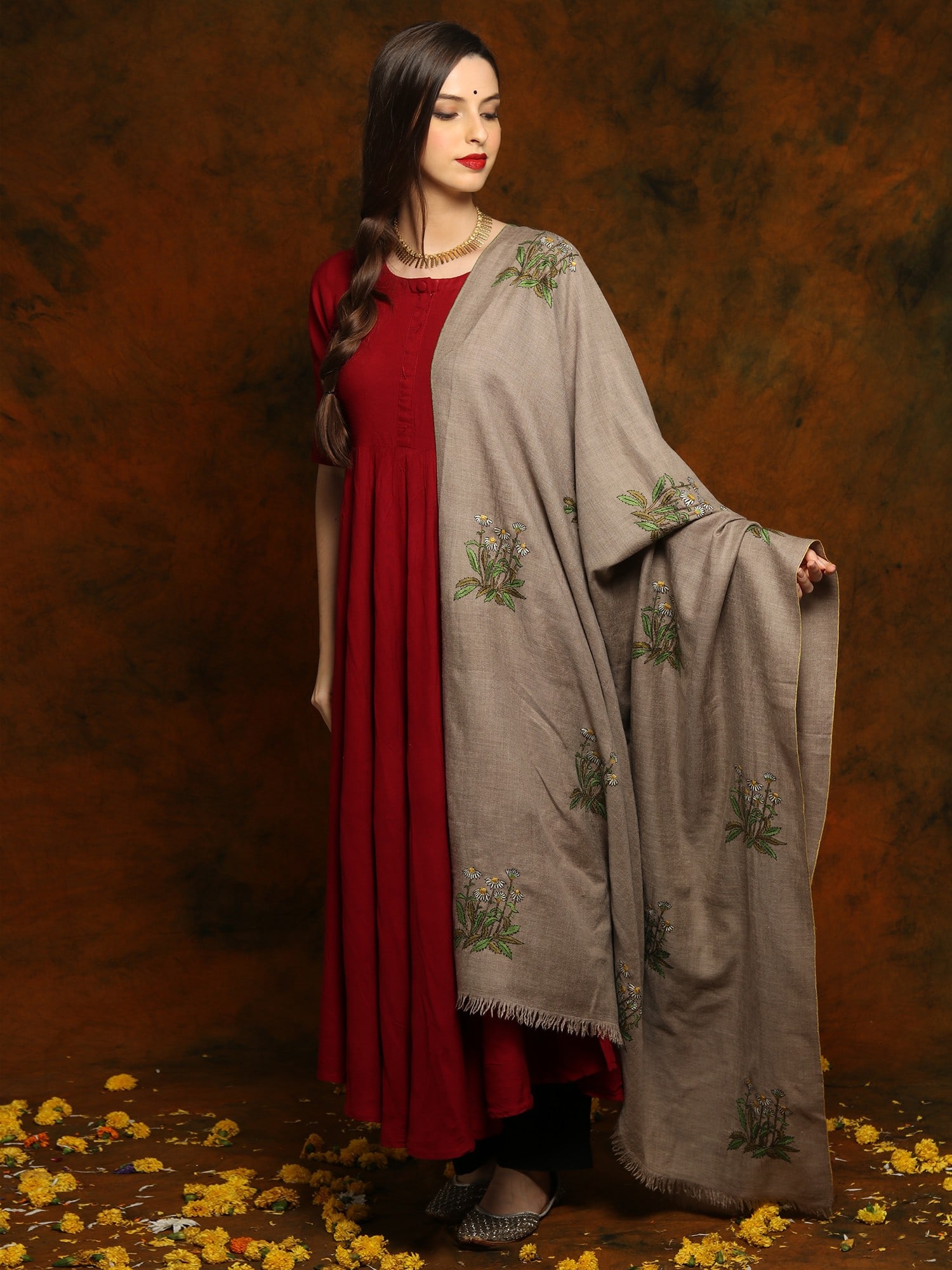 Dark Grey Pashmina Shawl with Sozni Floral Fine Mural Embroidery - 2