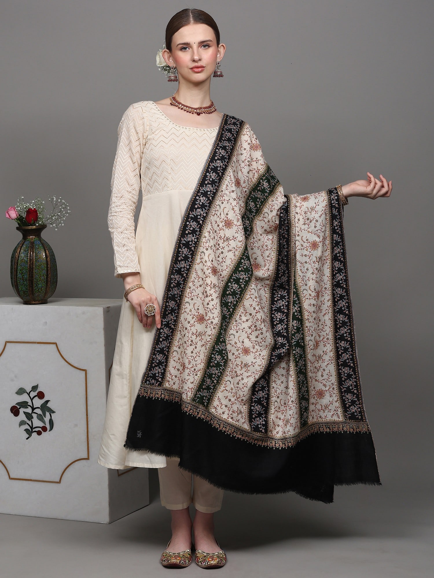 Black and Cream Pure Pashmina Shawl with Striped Pattern and All-Over Floral Jaal Embroidery: Title:Black and Cream Pure Pashmina Shawl with Striped Pattern and All-Over Floral Jaal Embroidery Description:Adorned with intricate Multi-colored Detailed “Kalamkari Embroidery” (Traditi