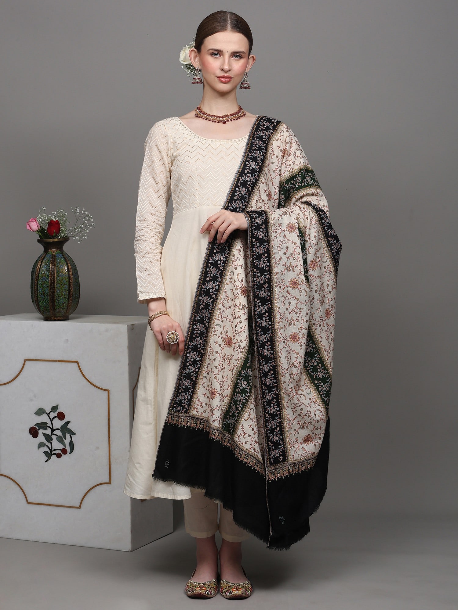 Black and Cream Pure Pashmina Shawl with Striped Pattern and All-Over Floral Jaal Embroidery - 2